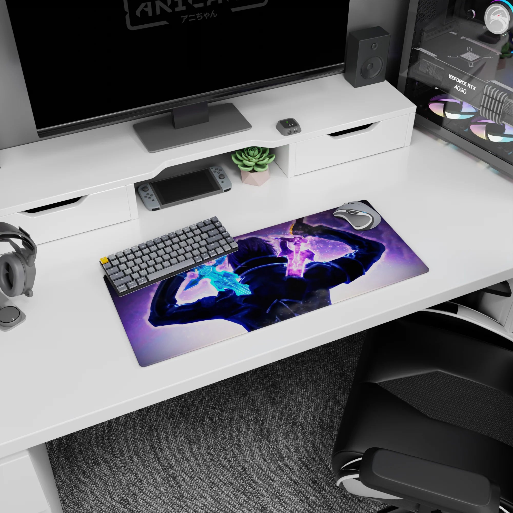 Anime mouse pad 28x12 inches featuring Kirito from Sword Art Online in a dynamic dual-wielding showdown scene.