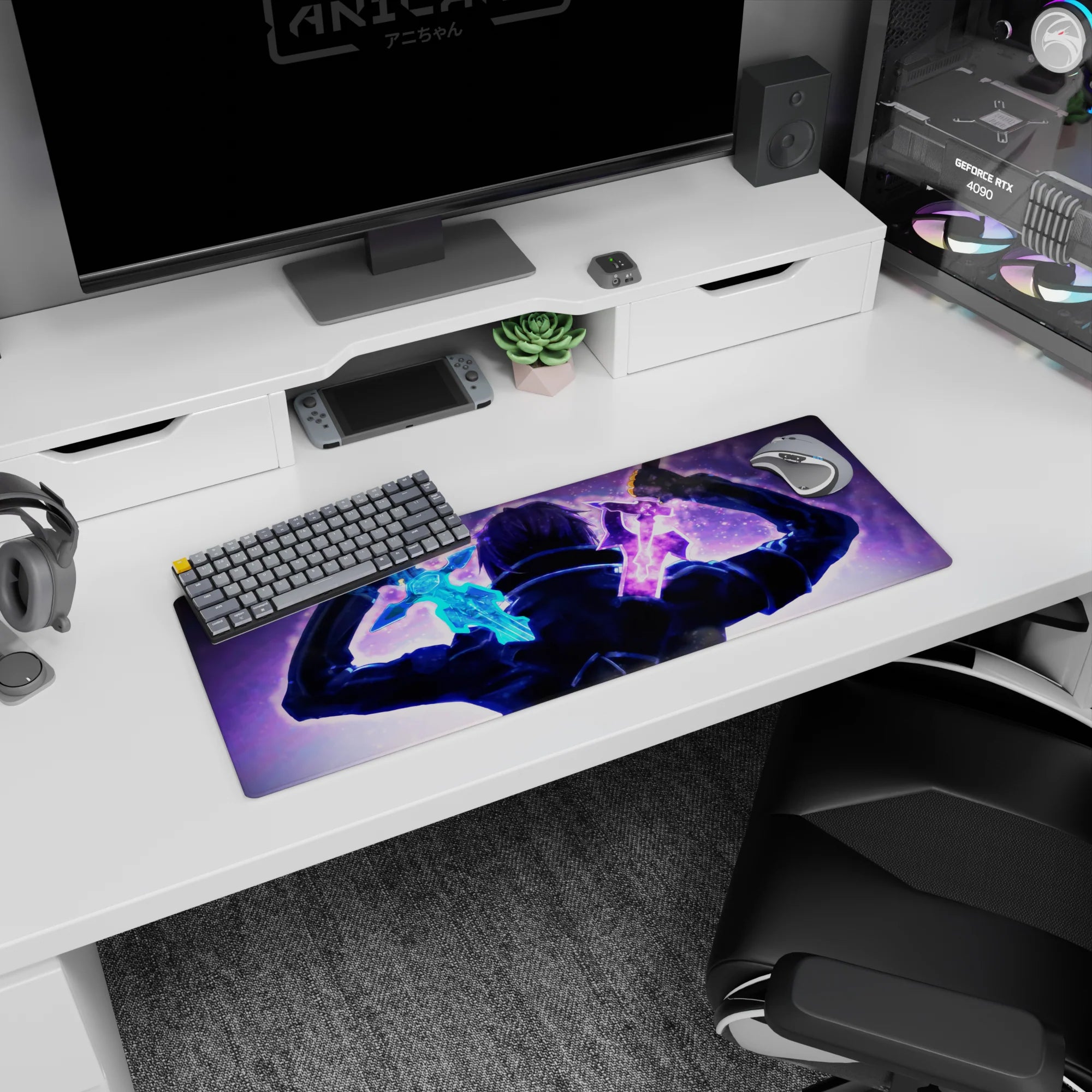 Sword Art Online anime mouse pad 32x12 inches featuring Kirito's dual-wielding showdown with vibrant cosmic colors.