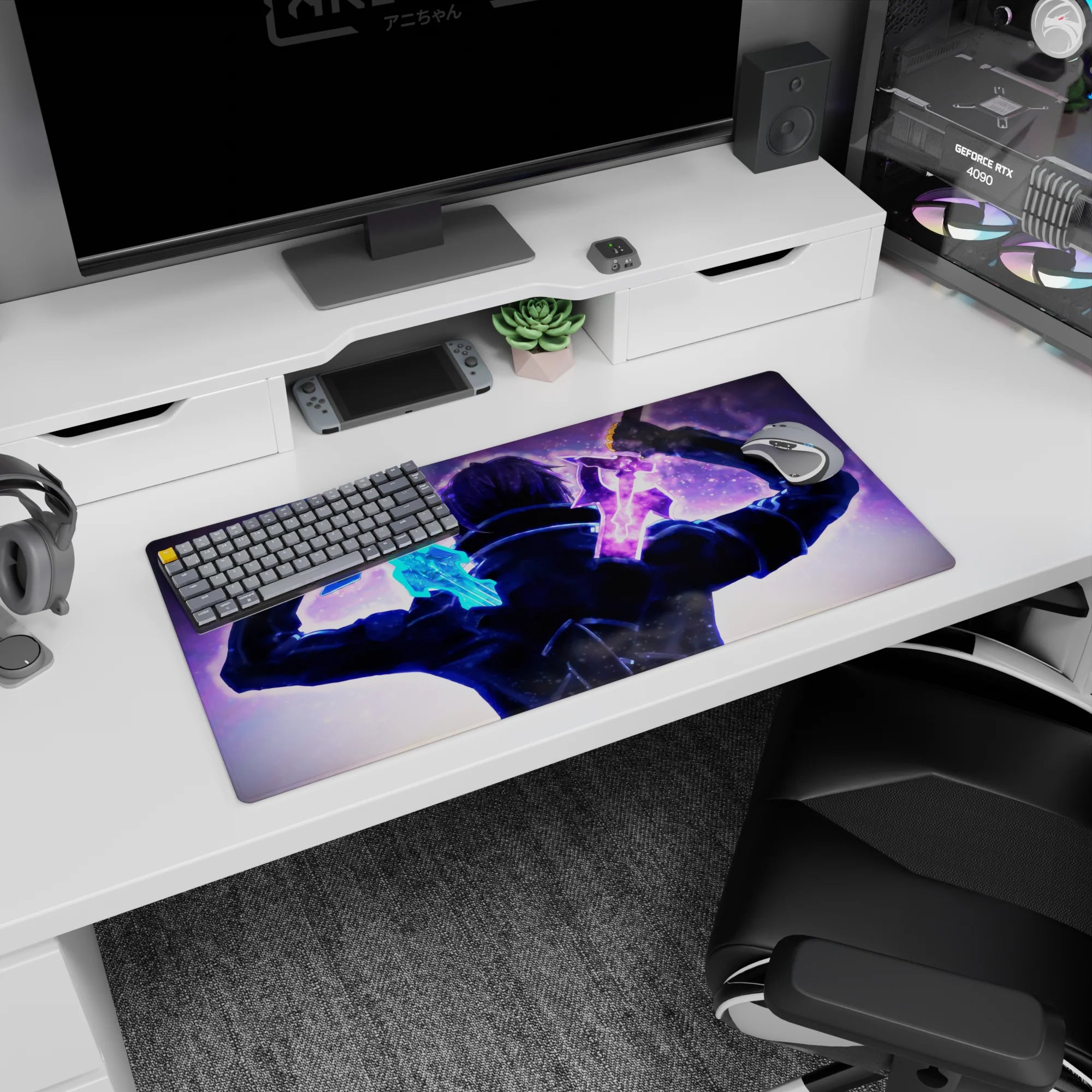 Sword Art Online mouse pad 32x16 inches featuring Kirito in a dual-wielding stance, vibrant blue and violet energy swords.
