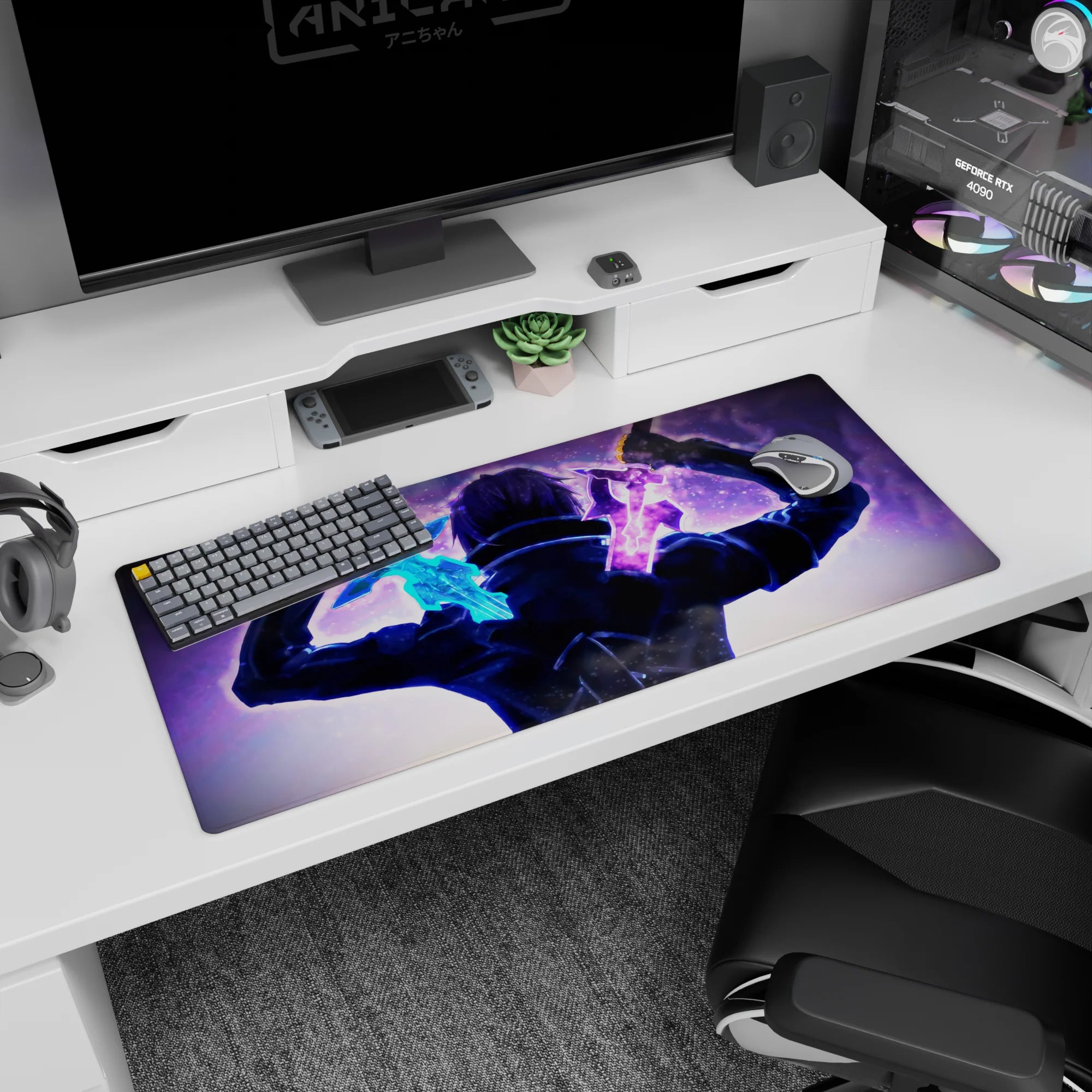Sword Art Online anime desk pad 36x16 inches featuring Kirito's dual-wielding showdown with blue and violet swords.