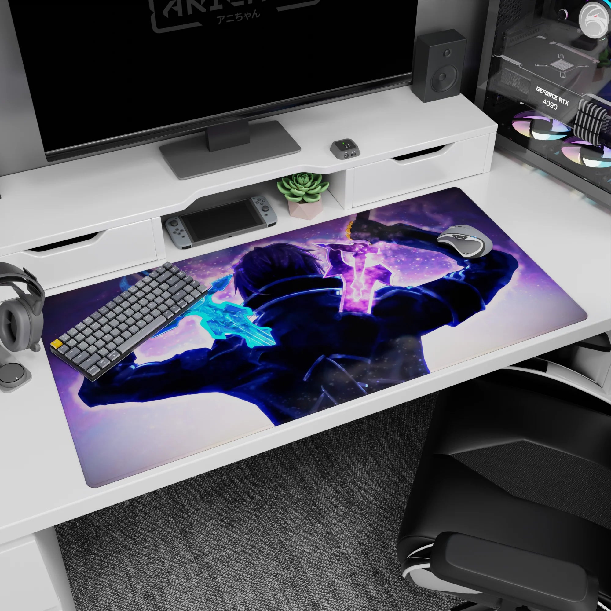 Sword Art Online desk pad 40x20 inches featuring Kirito's dual-wielding moment with vivid blue and violet swords.