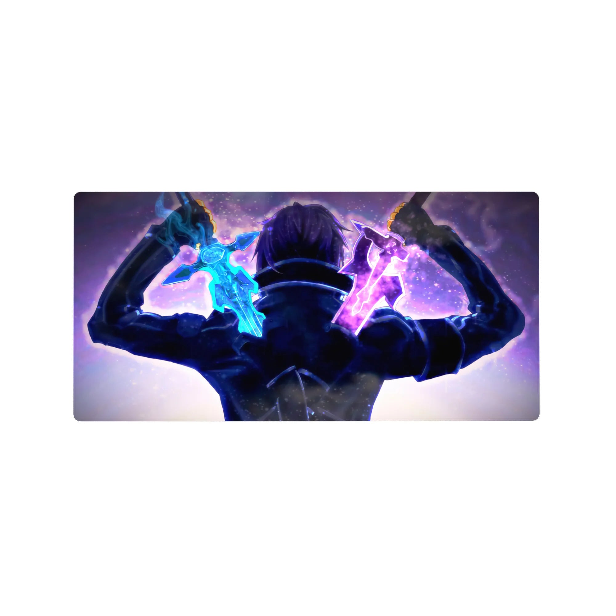 Sword Art Online anime mouse pad 32x16 inches featuring Kirito in a dual-wielding showdown with vibrant swords and cosmic background.