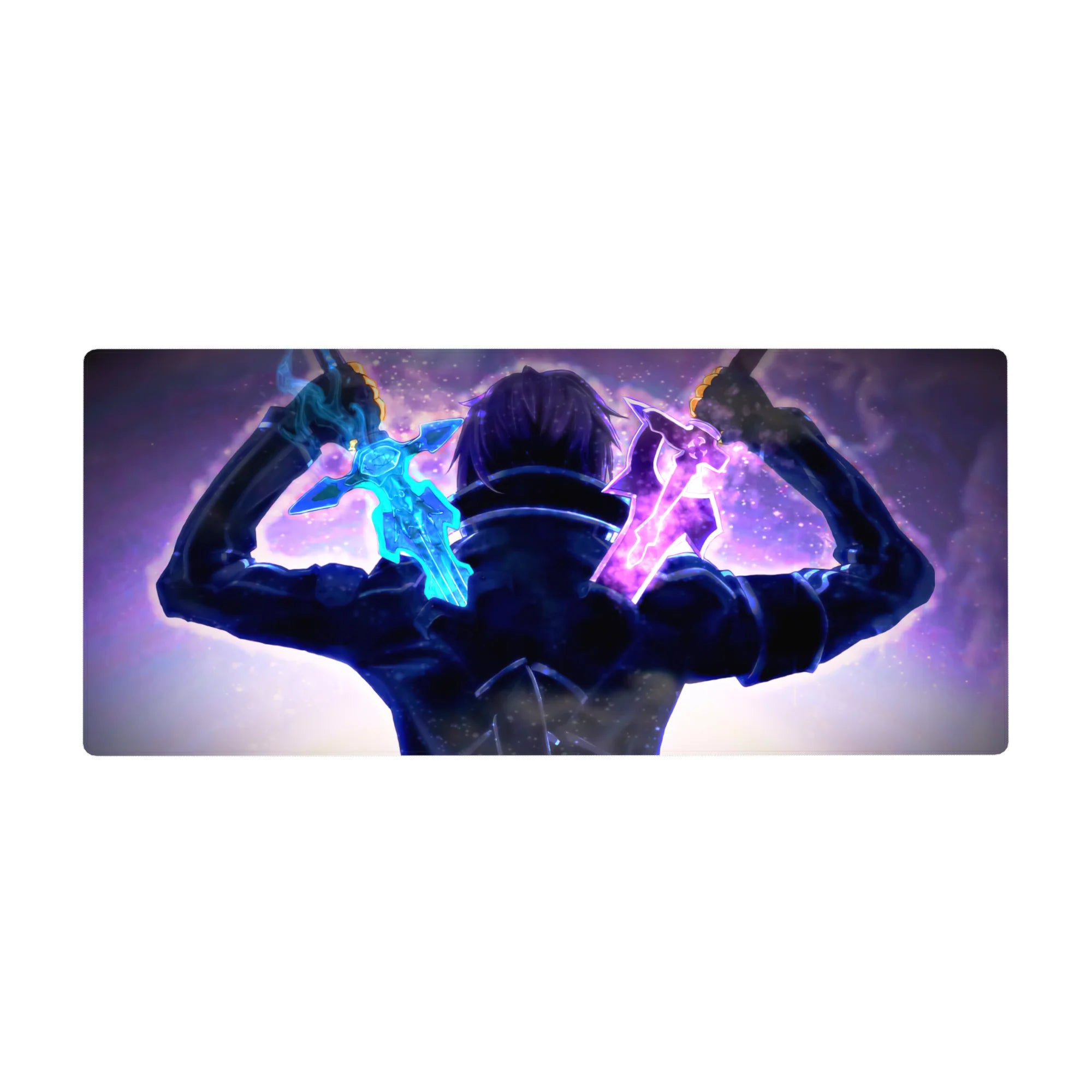 Sword Art Online desk pad 36x16 inches featuring Kirito's dual-wielding showdown, with icy blue and deep violet swords.