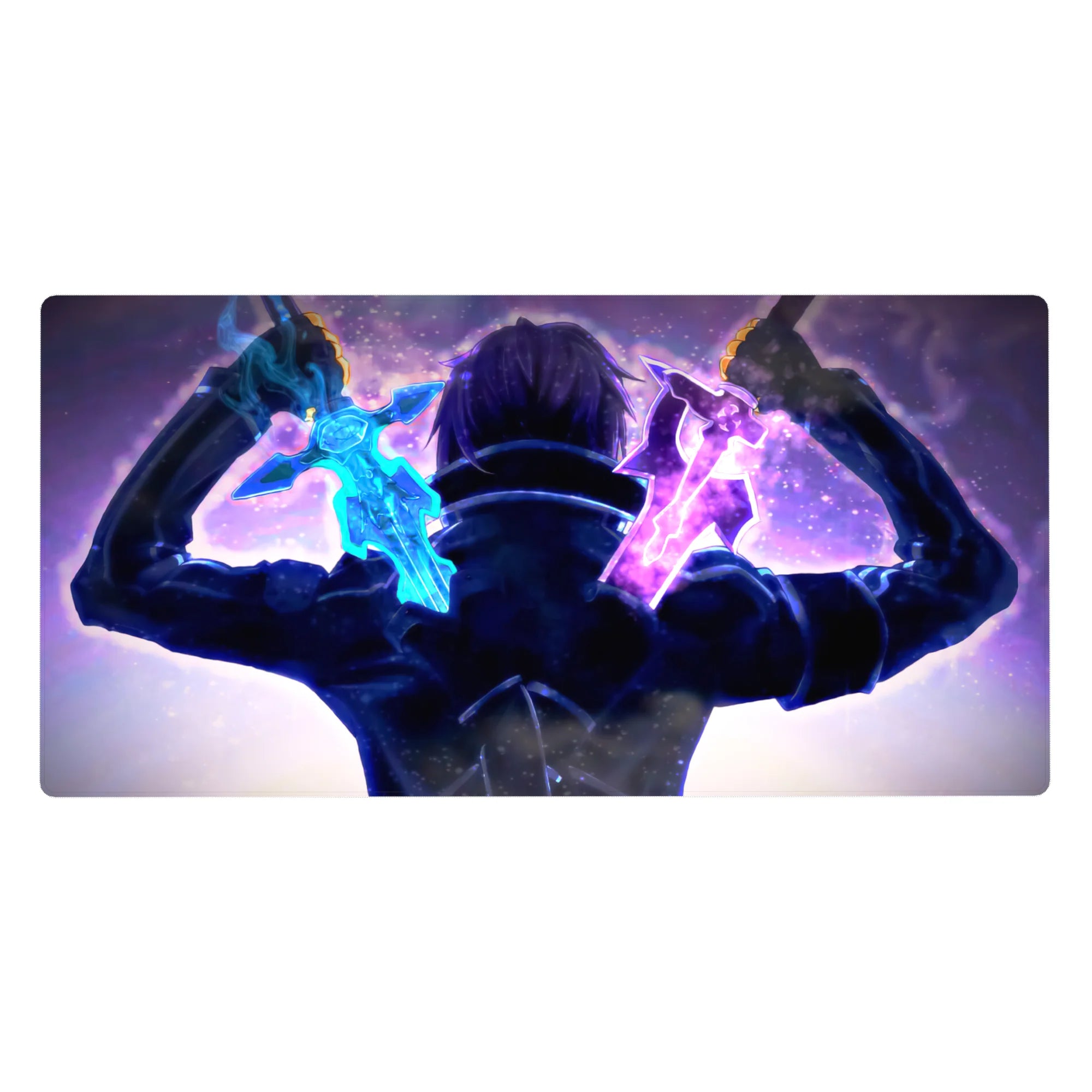 Sword Art Online desk pad 40x20 inches featuring Kirito's dual-wielding showdown, icy blue and violet swords.