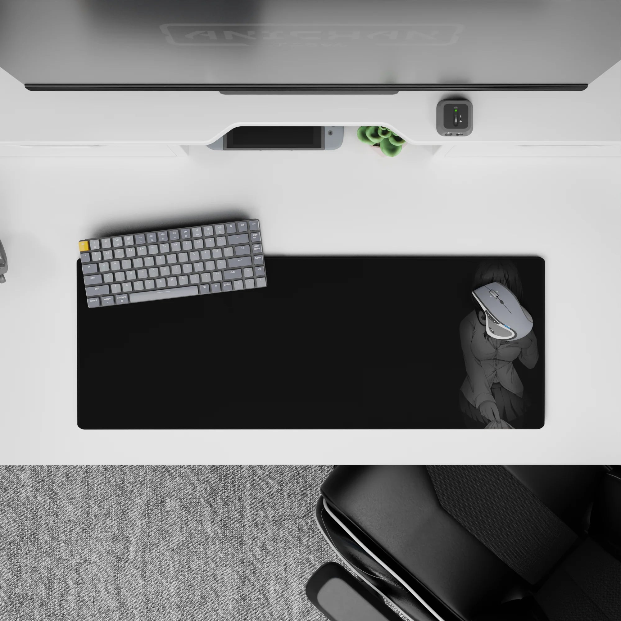Grayscale anime girl mouse pad 32x12 inches with glossy blue eyes, calm moody late-night vibe.