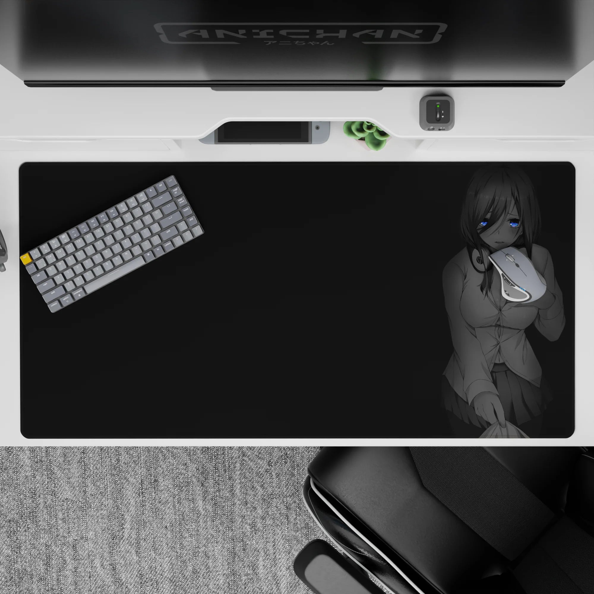Moody grayscale anime girl desk pad 40x20 inches with calm, cozy late-night vibe and blue eye pop.