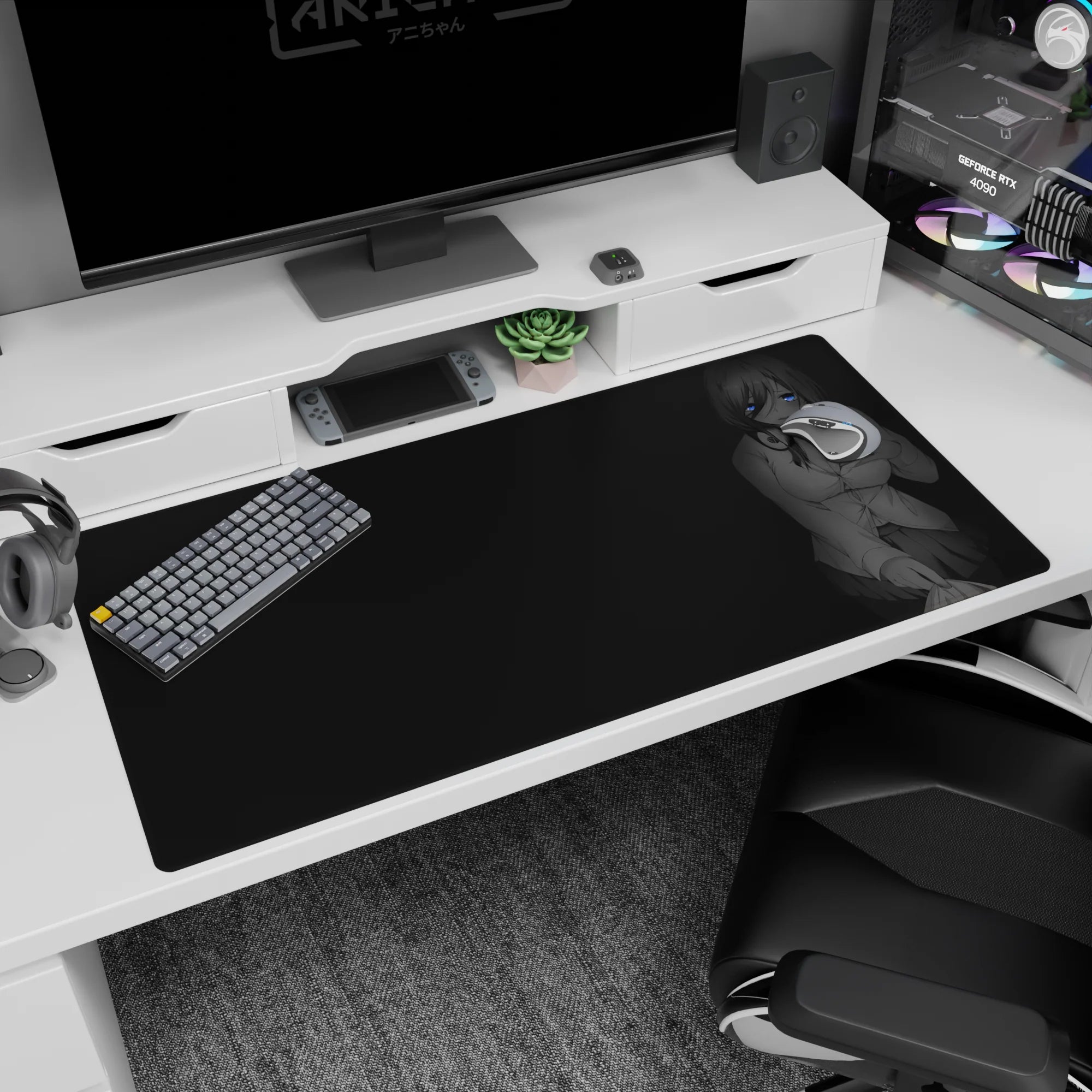 Shy smiling anime girl in headphones on desk pad 40x20 inches, soft grayscale art with skirt folds.