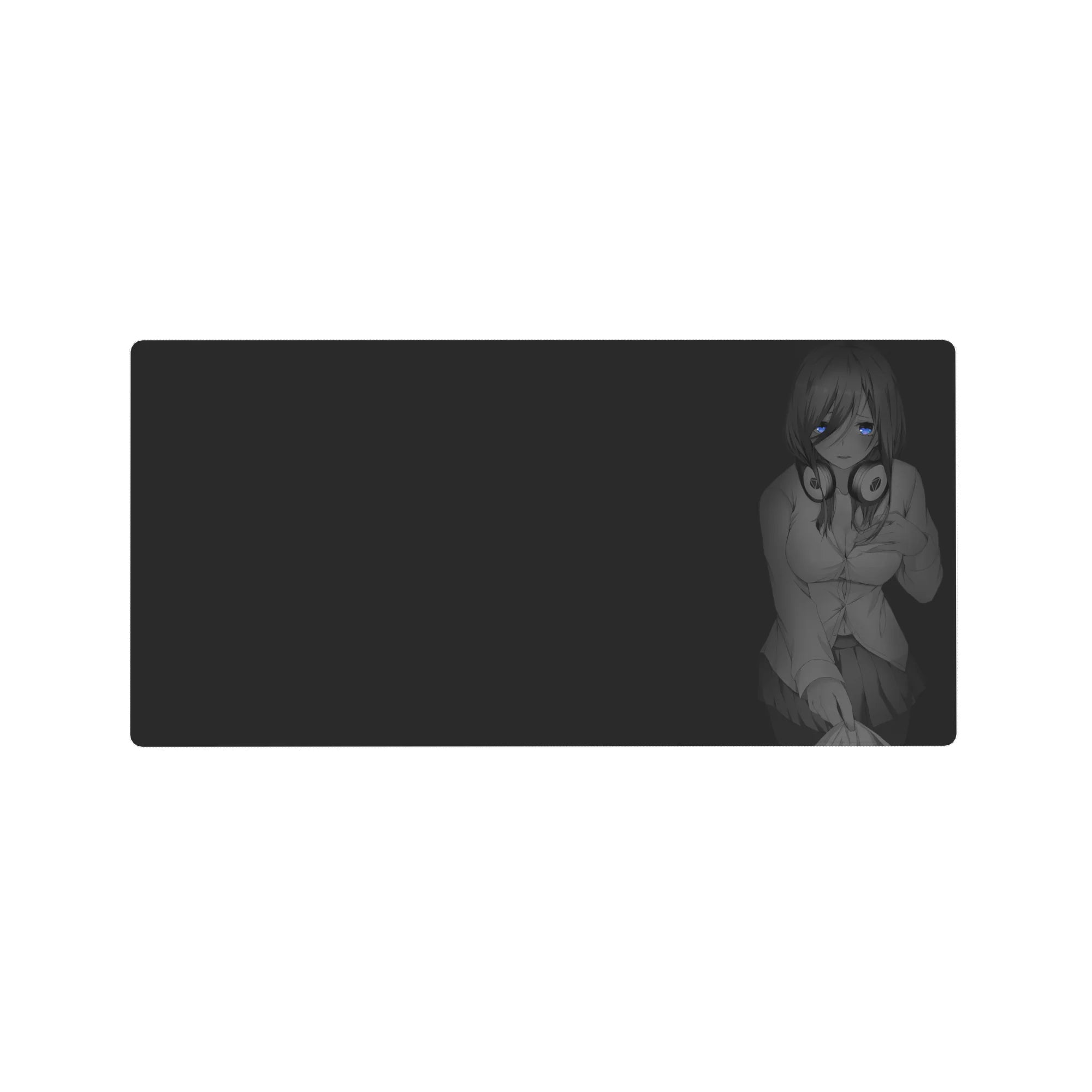 Anime girl mouse pad 32x16 inches with glossy blue-eyed headphone girl in soft grayscale on dark background.