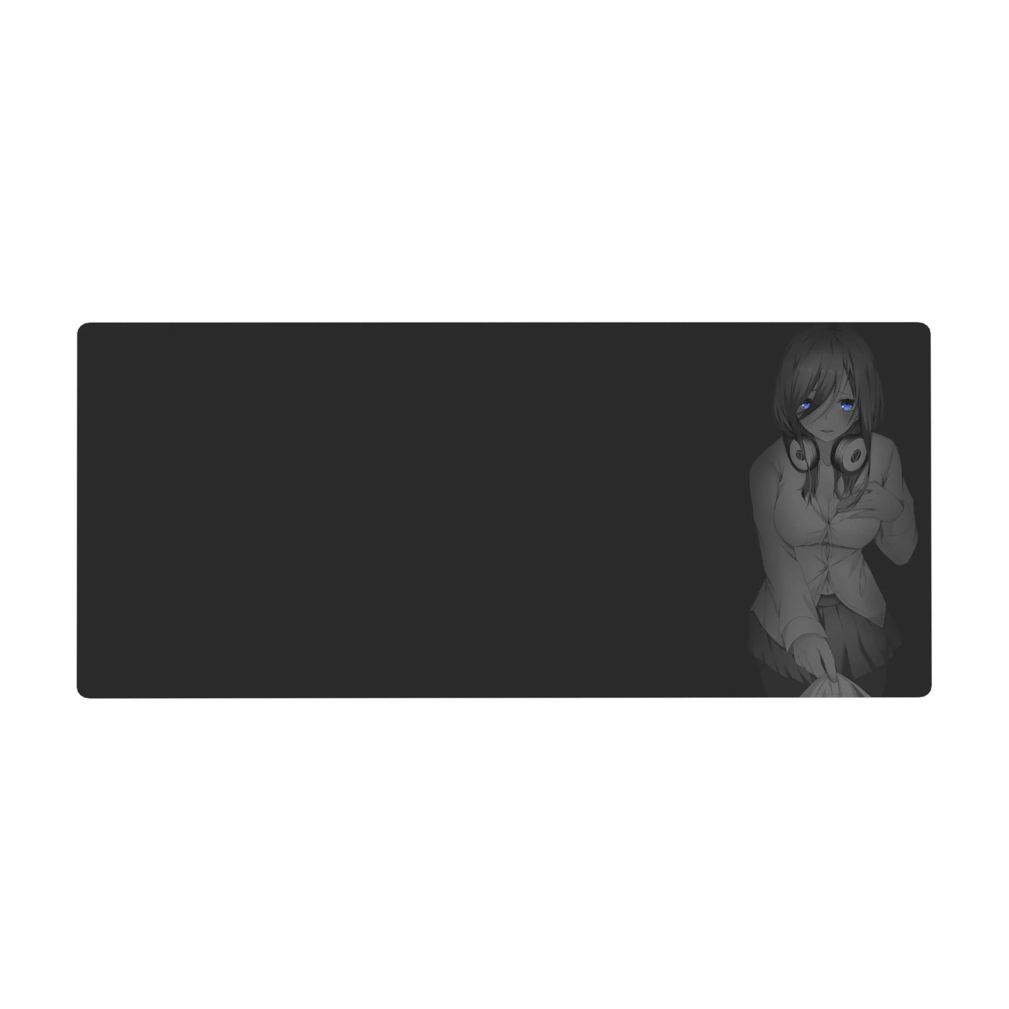 36x16 inches anime girl desk pad with glossy blue eyes, big headphones, dark clean background, soft grayscale art.