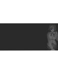 36x16 inches anime girl desk pad with glossy blue eyes, big headphones, dark clean background, soft grayscale art.