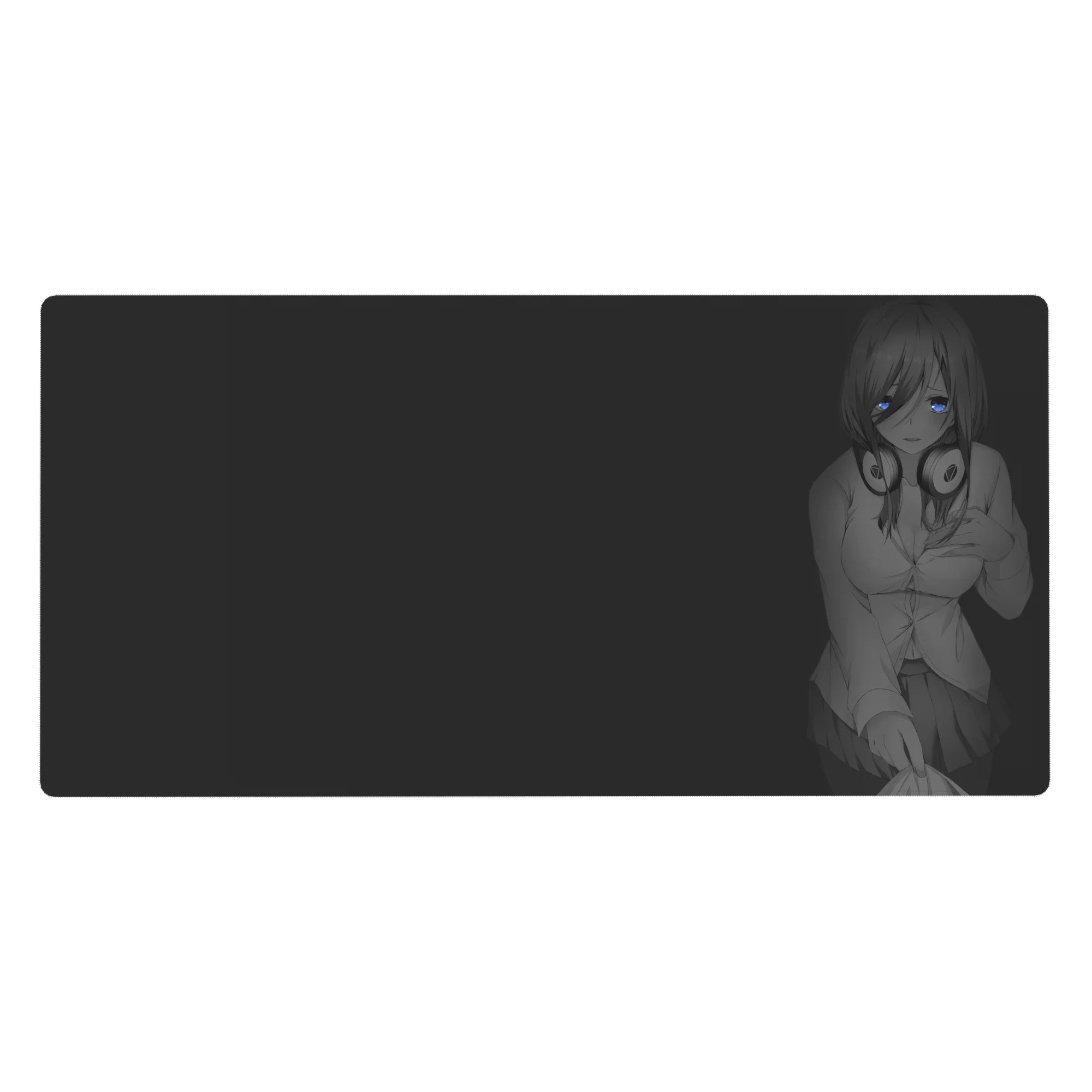 Anime girl desk pad 40x20 inches with glossy blue eyes, big headphones, and dark clean background.