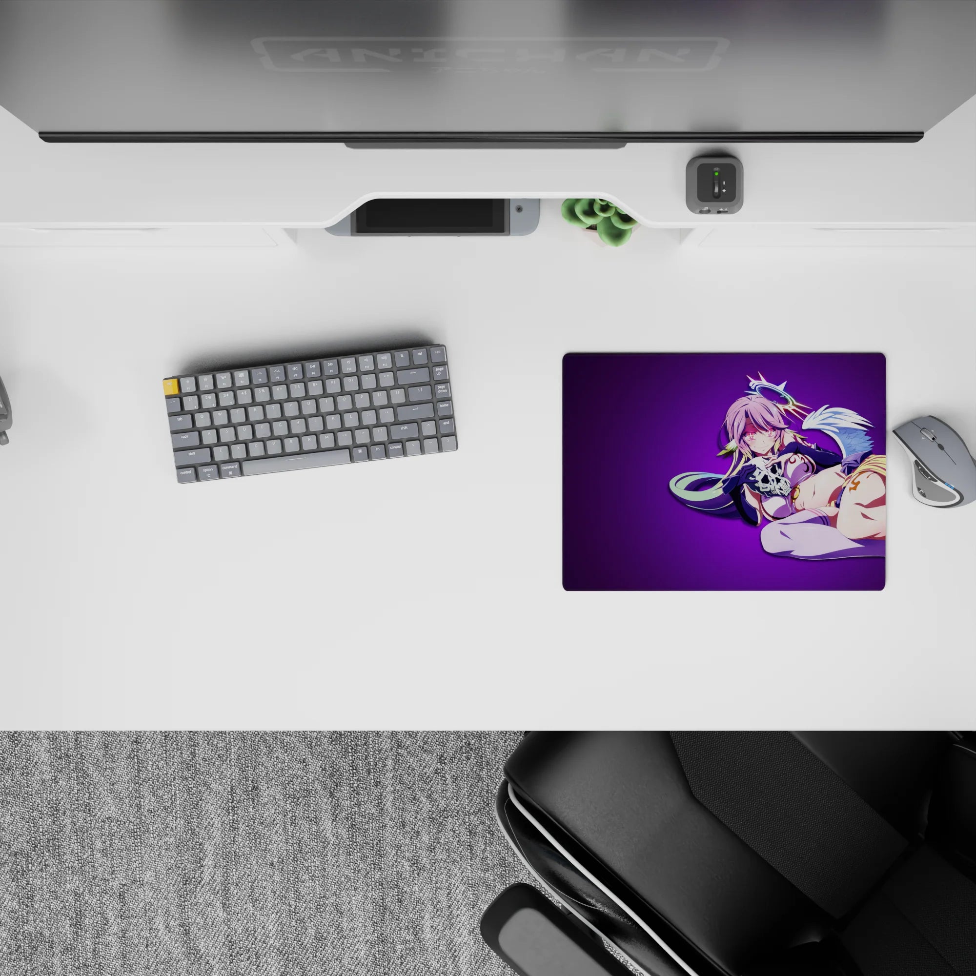Pink and violet dreamy anime mouse pad 14x10 inches, neon outlines and soft tones for a flirty vibe.