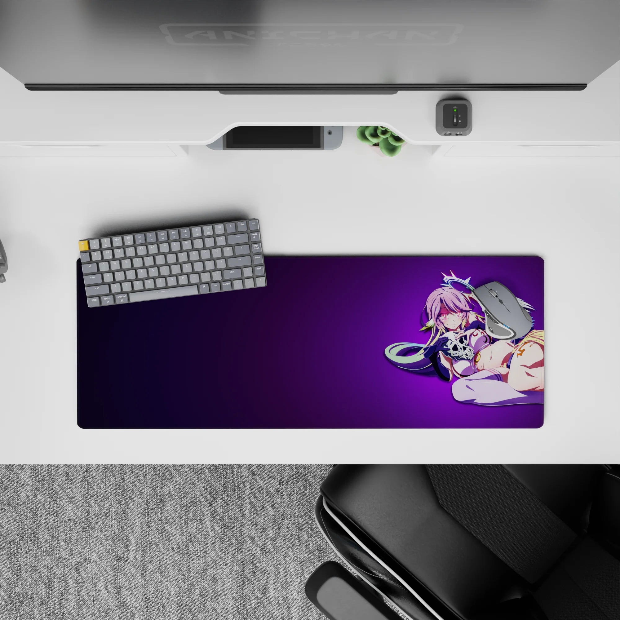 32x12 inches pink and violet anime desk mat with dreamy neon outlines and midnight-candy vibe.