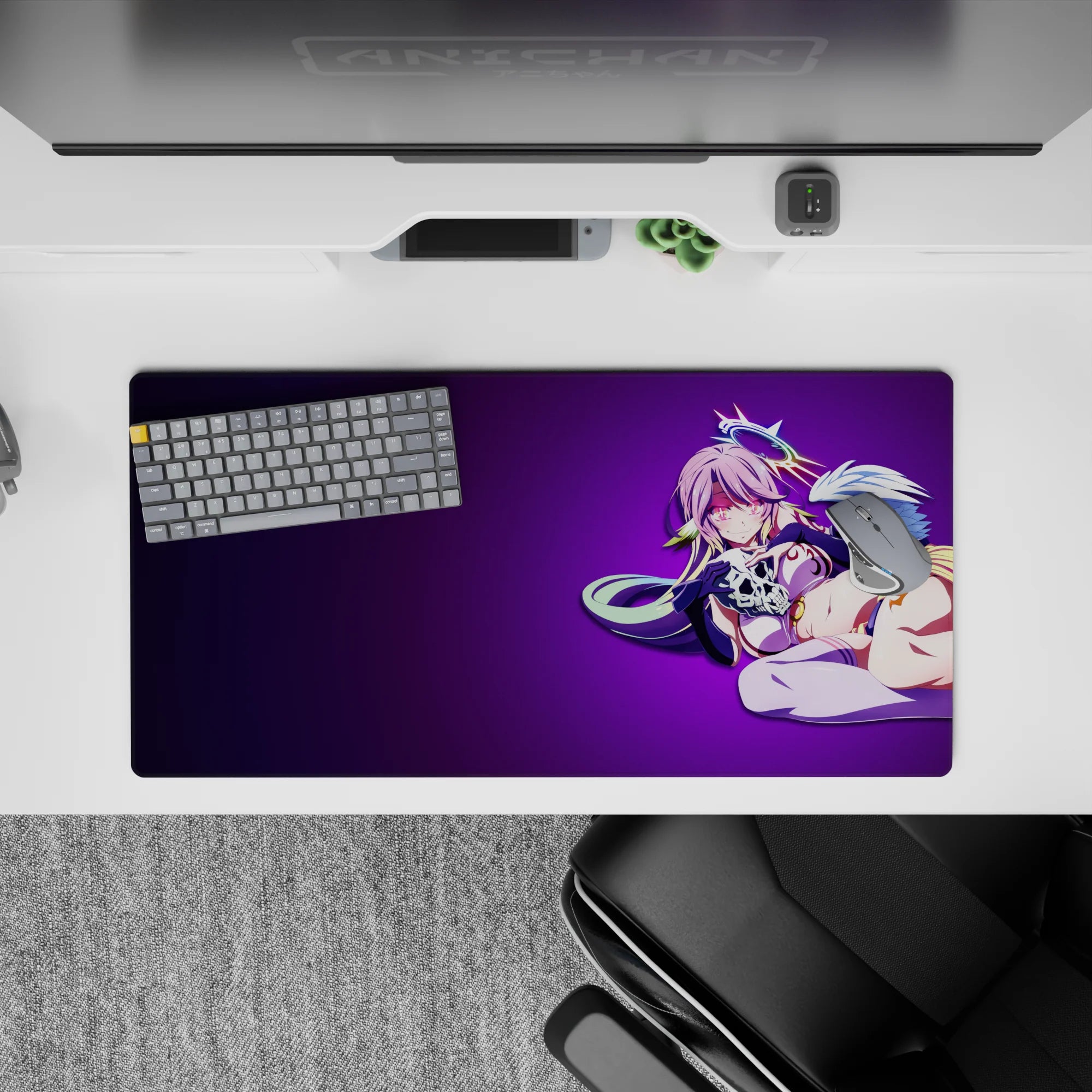 32x16 inches anime desk mat in deep violet midnight-candy gradient with neon outlines and soft tones.