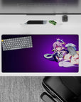 32x16 inches anime desk mat in deep violet midnight-candy gradient with neon outlines and soft tones.