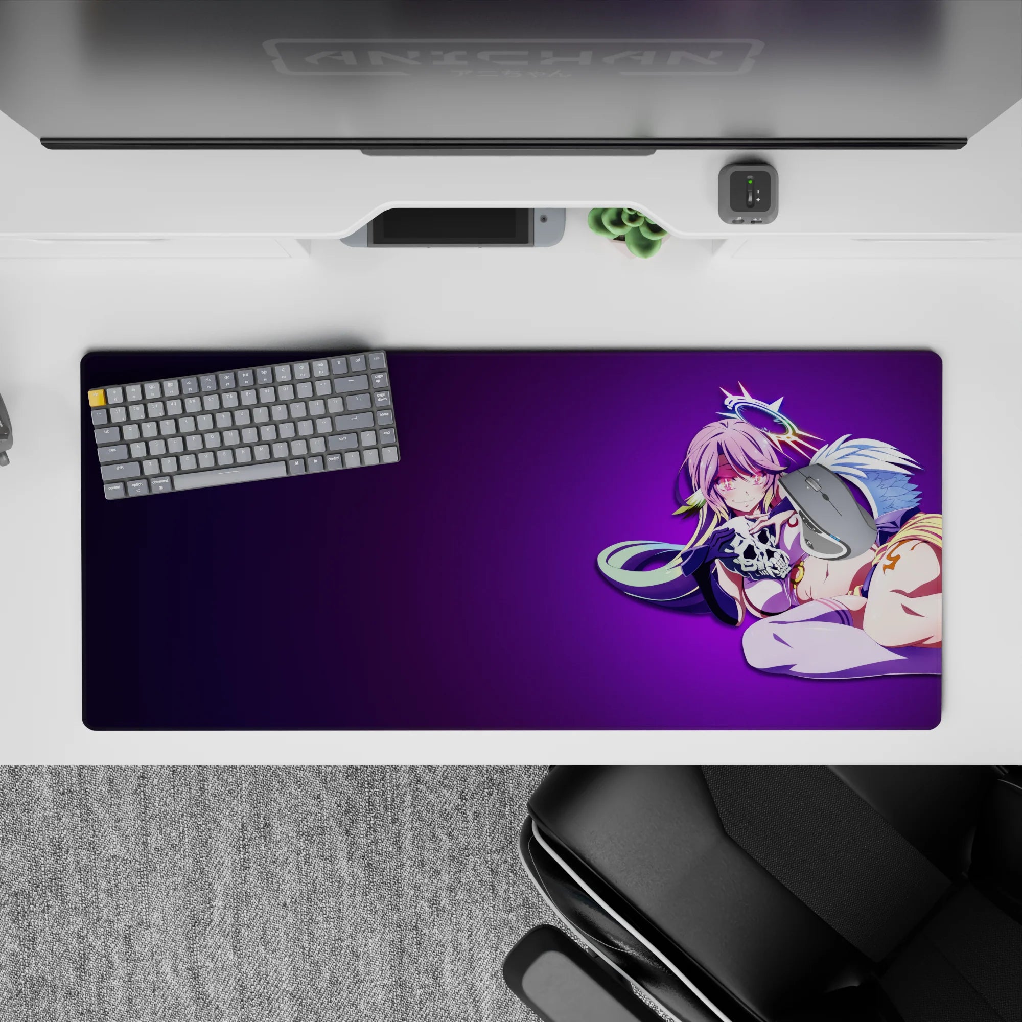 36x16 inches anime desk pad in deep violet and neon pink, dreamy flirty midnight-candy vibe.