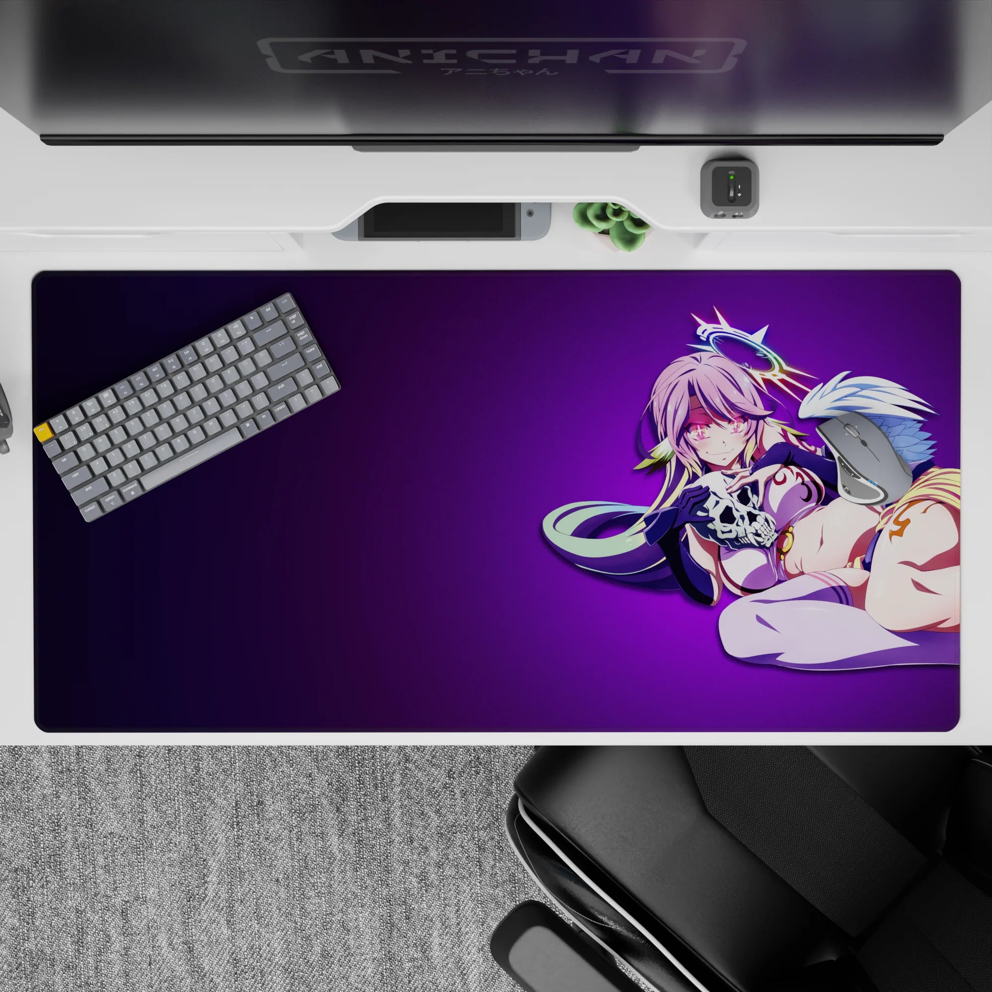 Dreamy neon vibe desk pad 40x20 inches in midnight violet, pink accents, soft tones, and flirty feel.