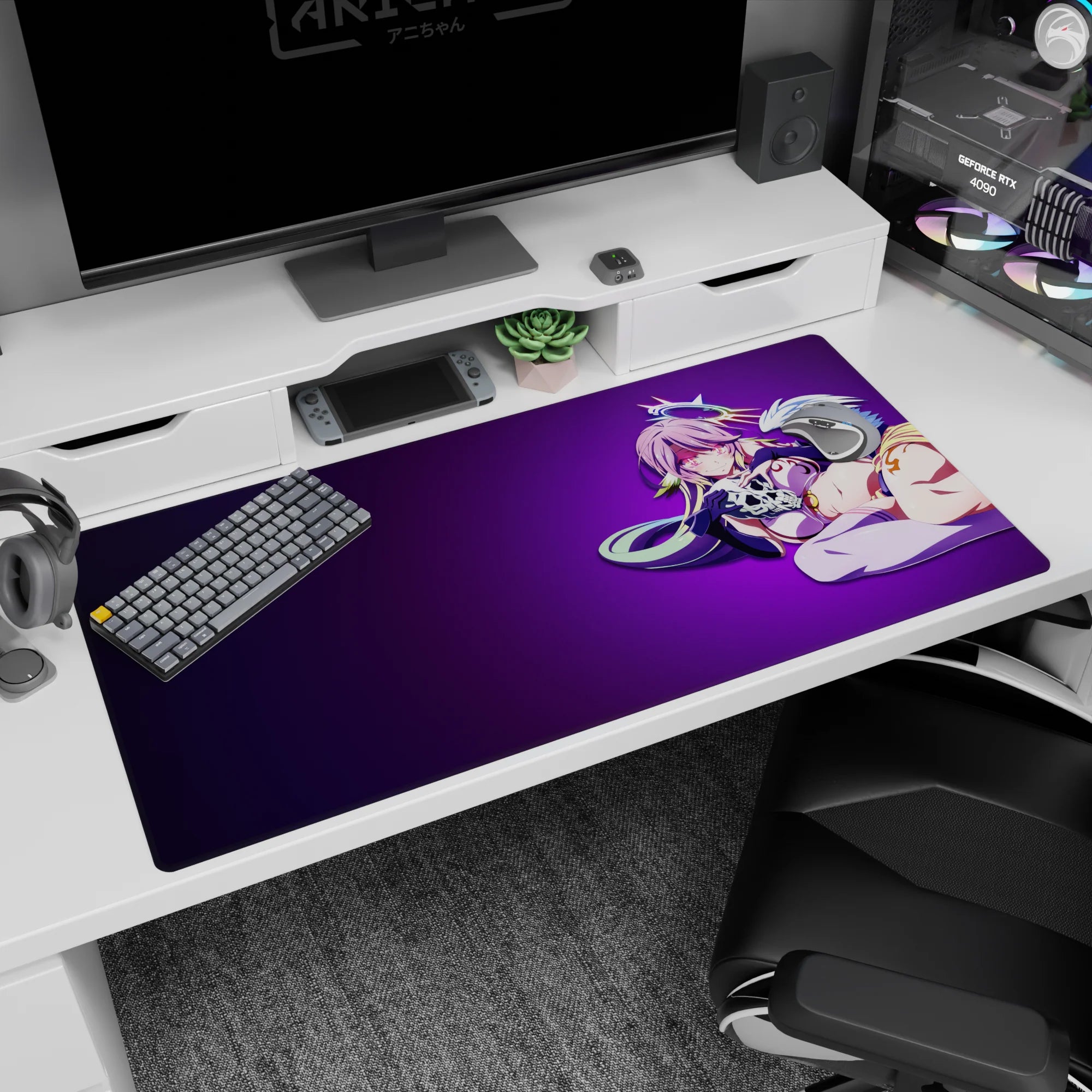 Pink-haired angel babe with halo and tiny wings lounging pose on 40x20 inches anime desk pad.