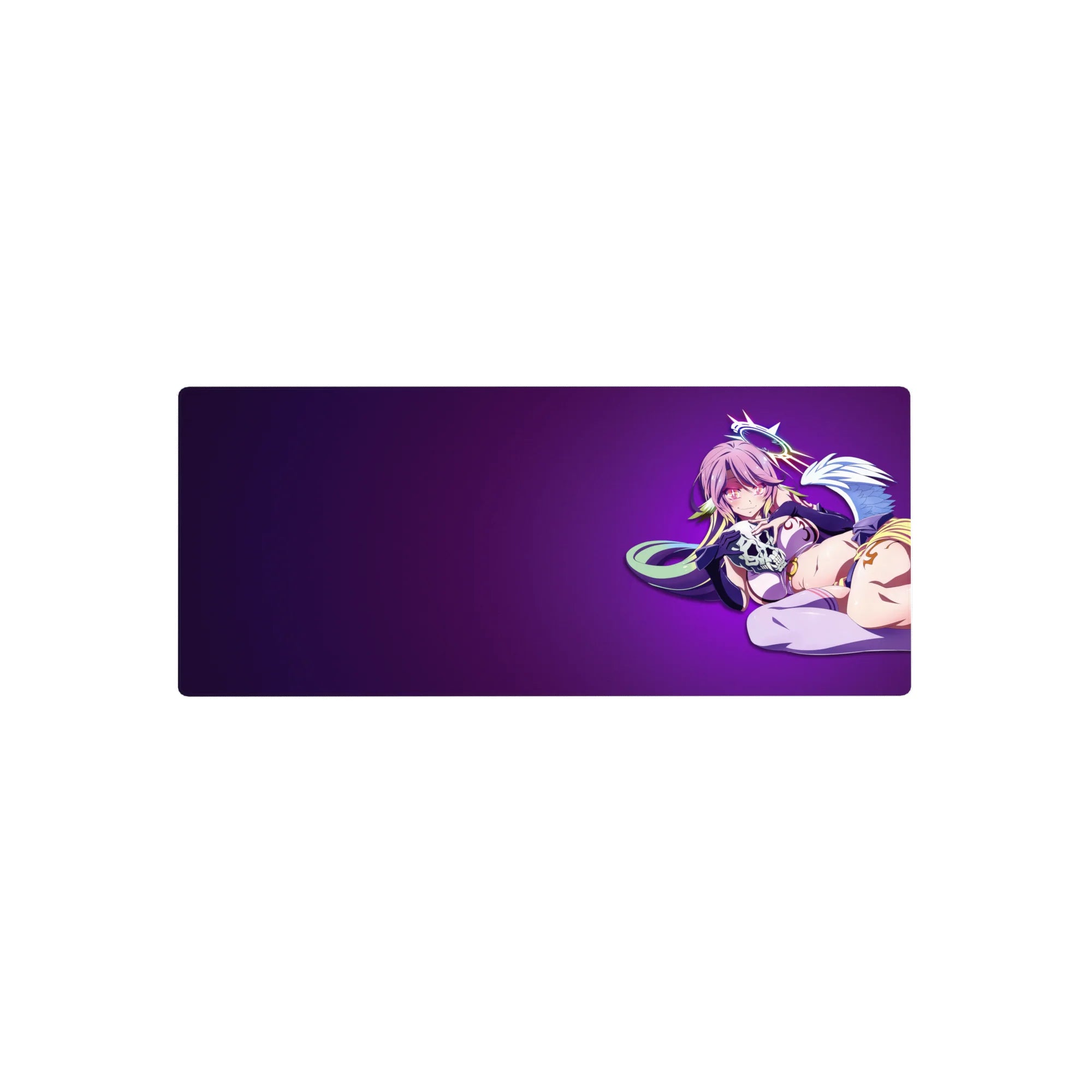 28x12 inches anime girl mouse pad with pink-haired angel on deep violet gradient and clean left space.