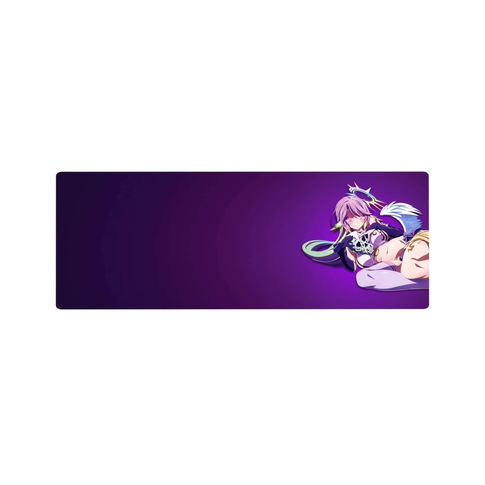 32x12 inches anime girl mouse pad with pink-haired angel on deep violet gradient and clean left space.