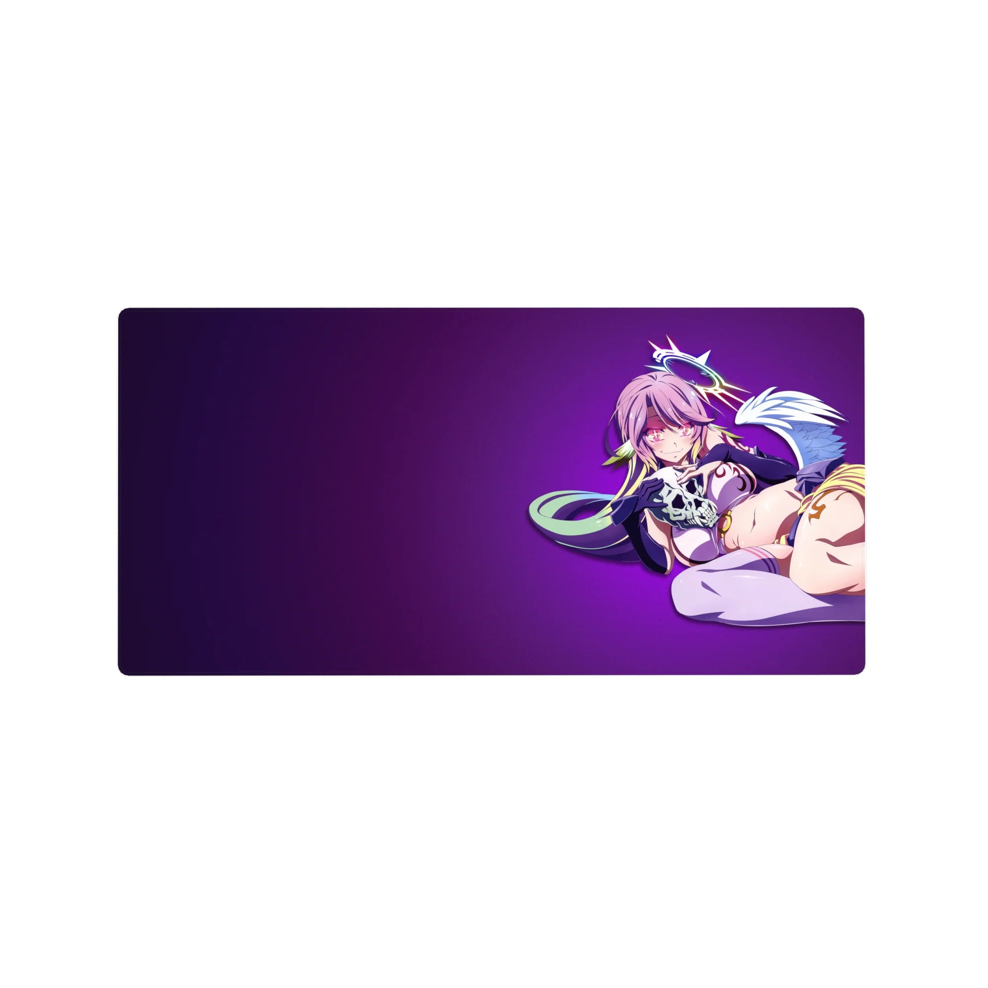 32x16 inches anime girl mouse pad with pink-haired angel on violet gradient, clean left space.