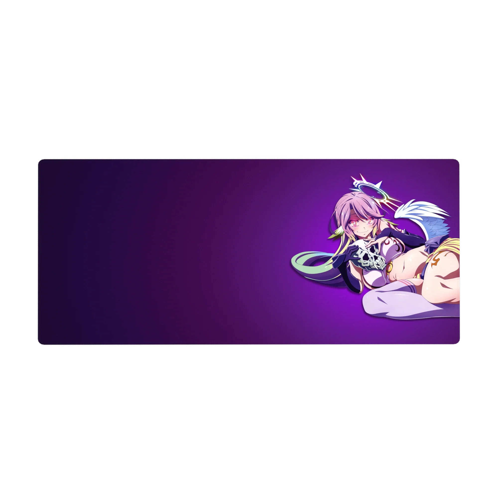 Anime girl desk pad 36x16 inches with pink-haired angel on violet gradient, clean left space.