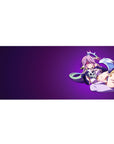 Anime girl desk pad 36x16 inches with pink-haired angel on violet gradient, clean left space.