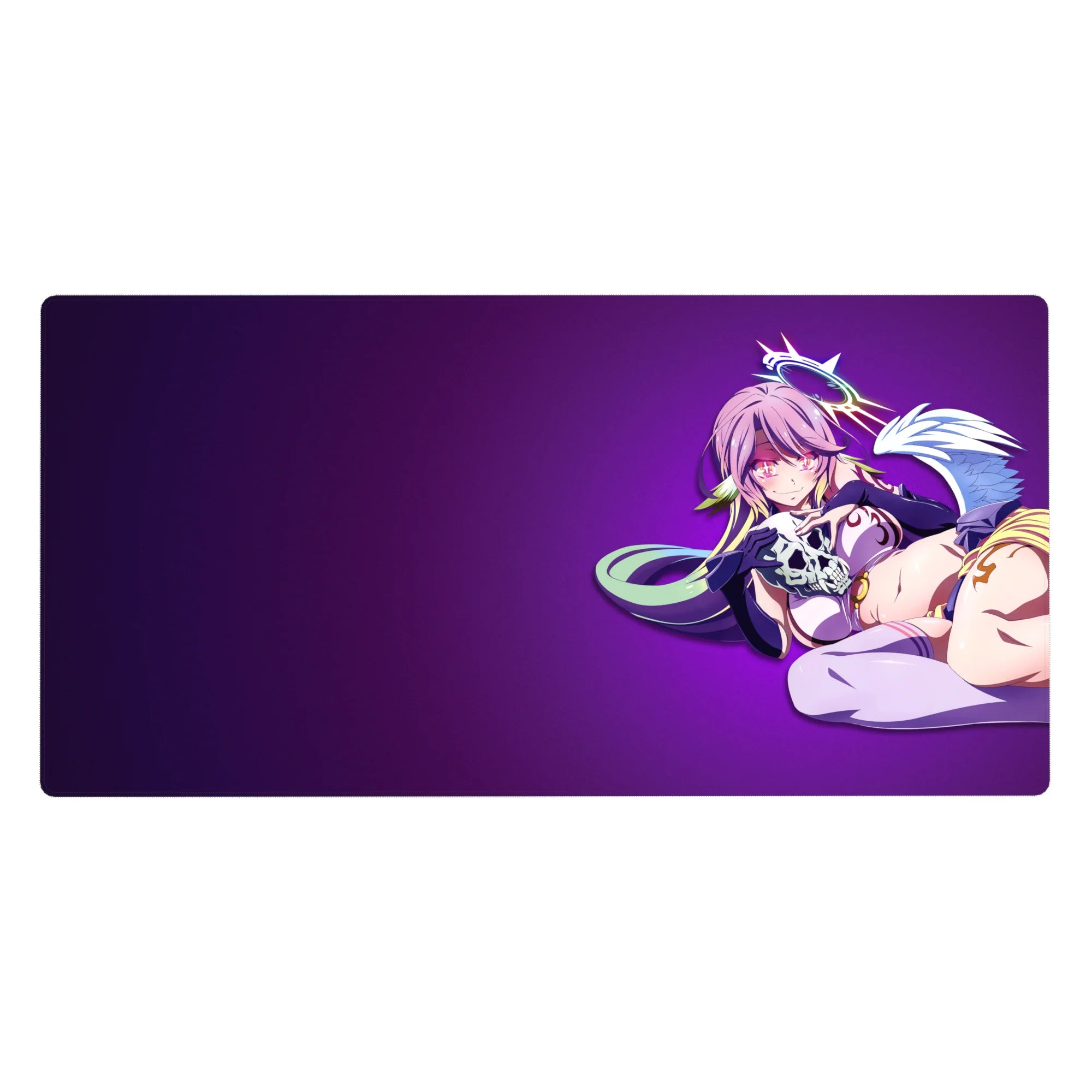 Anime girl desk pad 40x20 inches with pink-haired angel on deep violet gradient and clean left space.