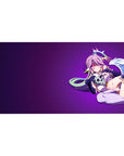 Anime girl desk pad 40x20 inches with pink-haired angel on deep violet gradient and clean left space.