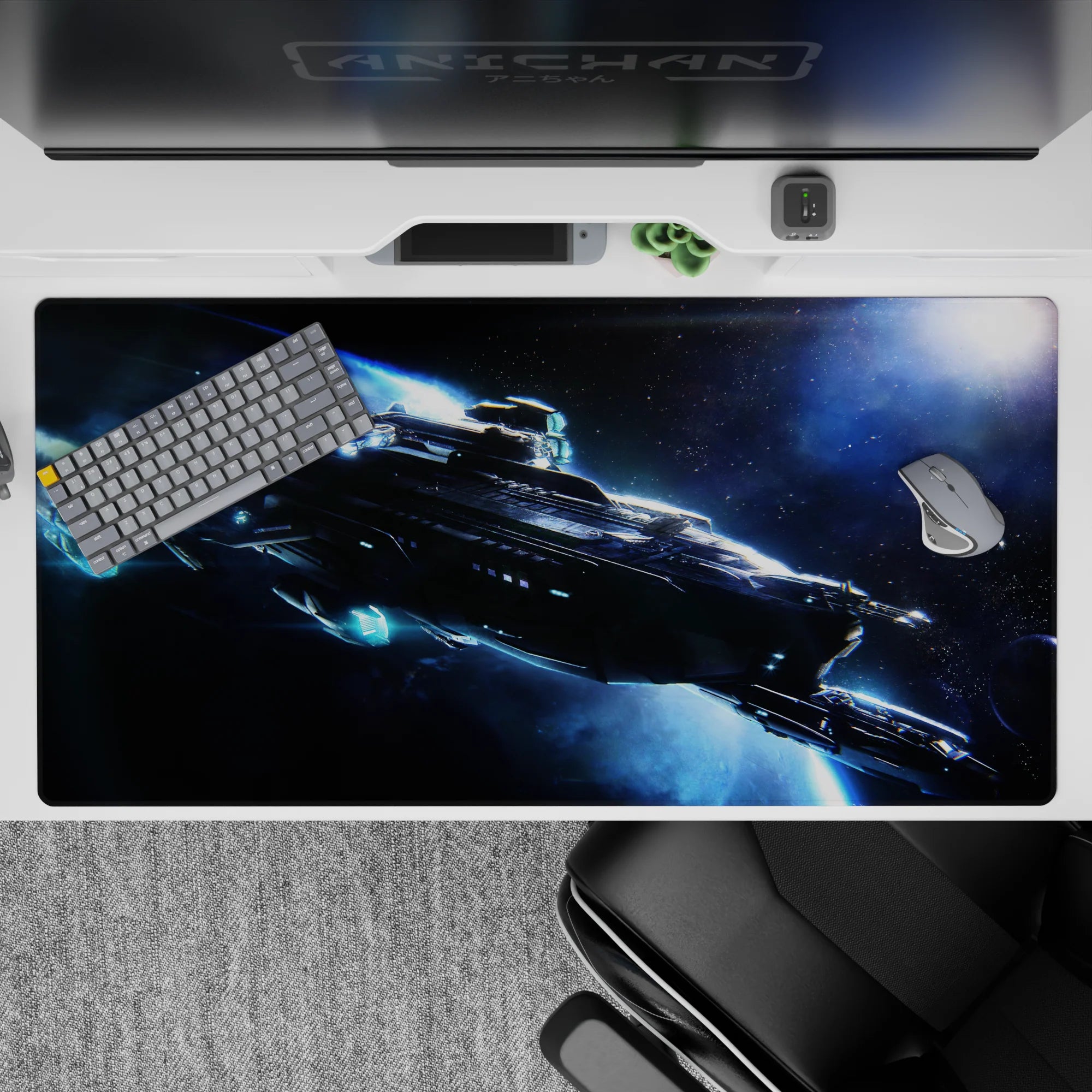 Midnight blue and inky shadow desk pad 40x20 inches with icy cyan glow and calm sci-fi mood.