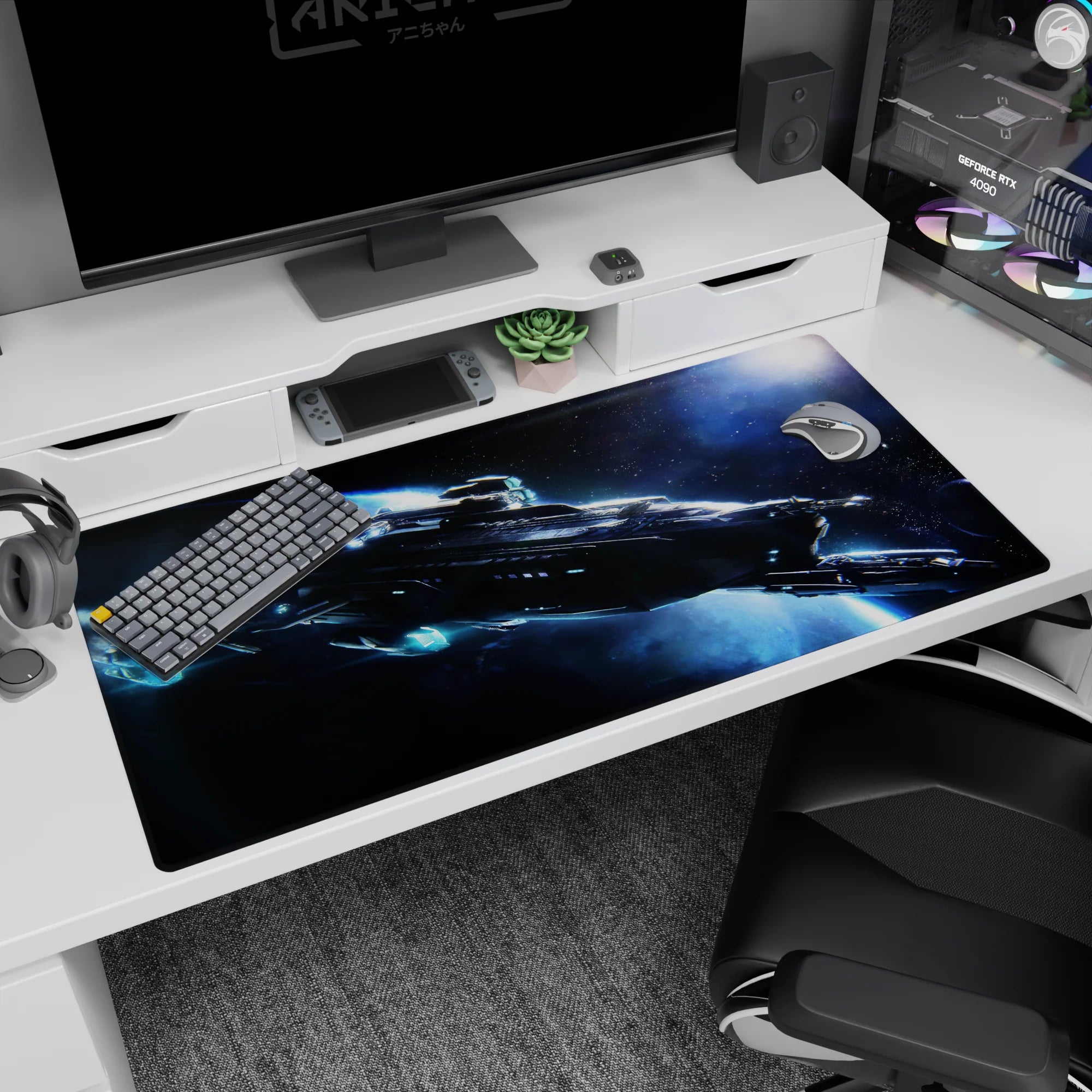 Sleek starship with cyan thrusters cutting through dark space desk pad 40x20 inches.