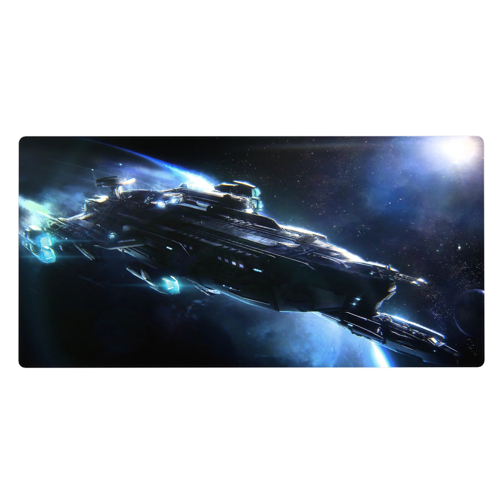 Starship in deep space desk pad 40x20 inches with nebula haze and starlight specks.
