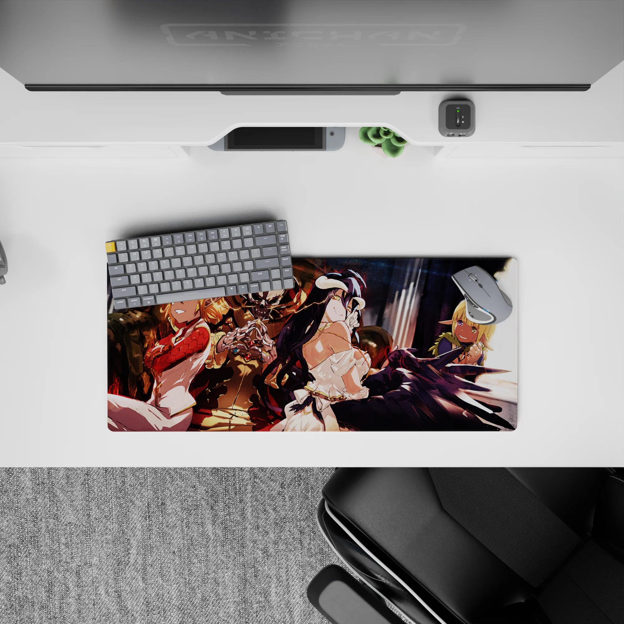 Overlord anime mouse pad 28x12 inches featuring Ainz Ooal Gown, Albedo, Shalltear, and Aura in vibrant throne room colors.