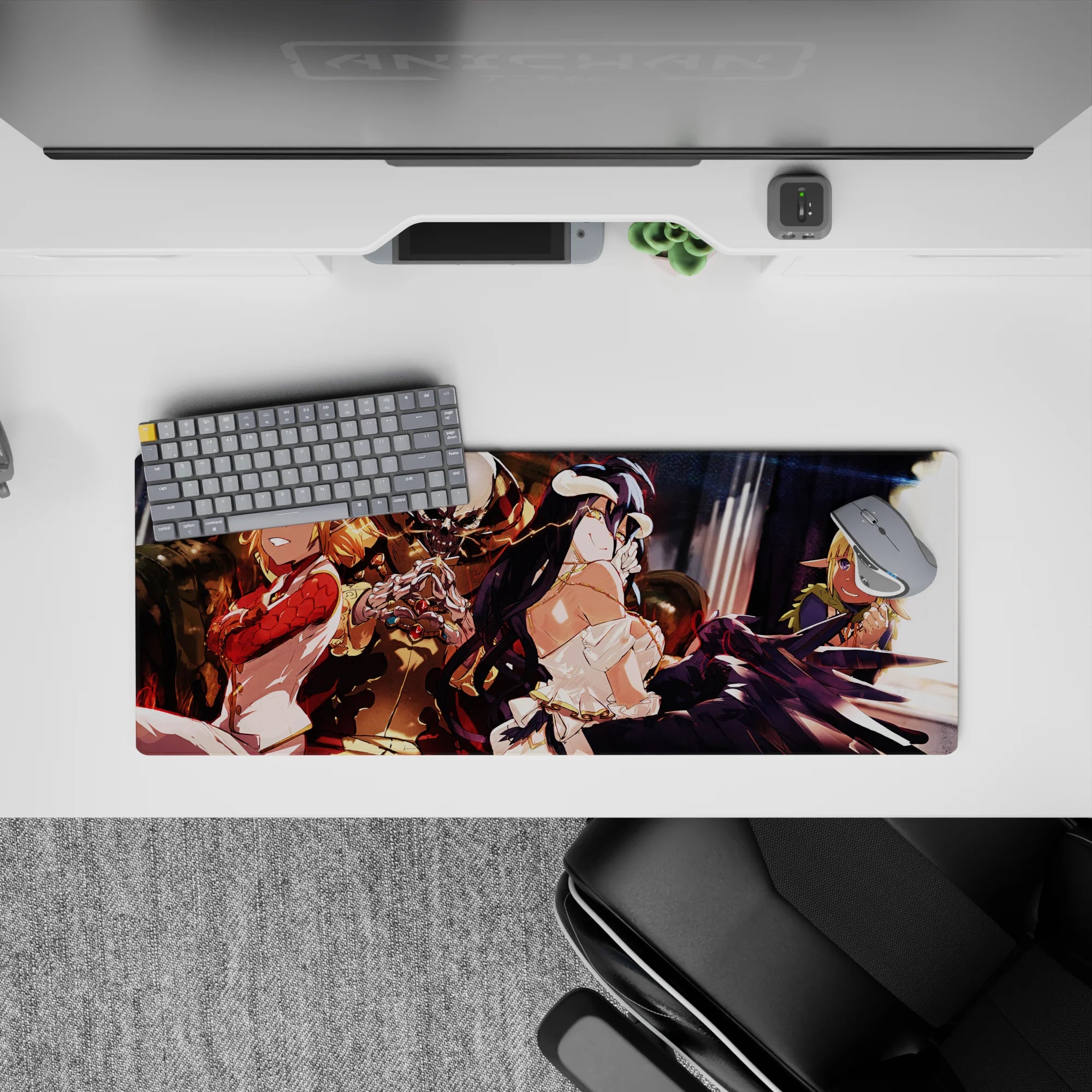 Anime mouse pad 32x12 inches featuring Ainz Ooal Gown, Albedo, Shalltear, and Aura from Overlord, vibrant guild colors.