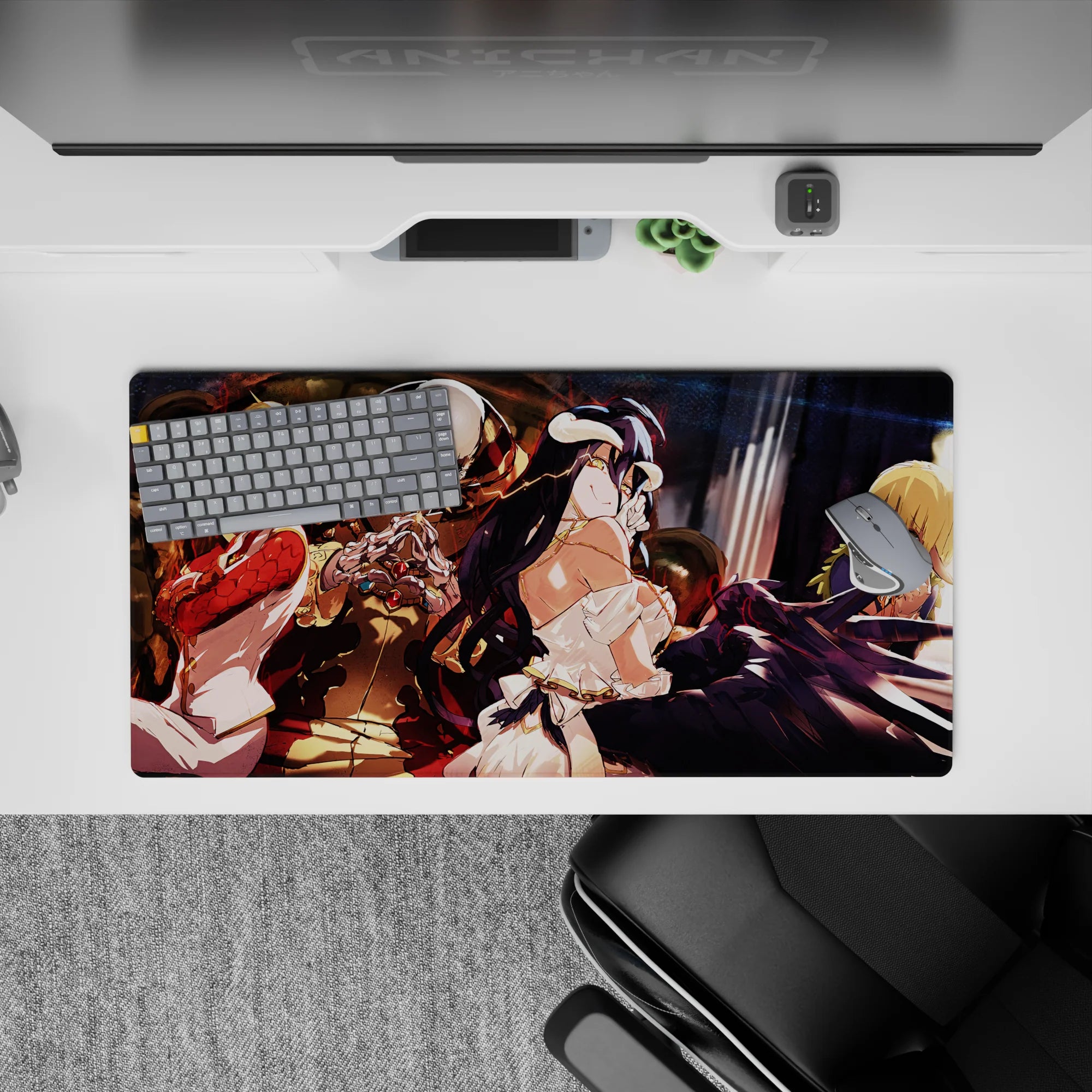 Overlord anime mouse pad featuring Ainz Ooal Gown, Albedo, Shalltear, and Aura, 32x16 inches, vibrant Nazarick throne room design.