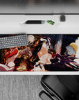 Anime desk pad 36x16 inches featuring Overlord's Ainz Ooal Gown, Albedo, Shalltear, and Aura in vibrant guild colors.