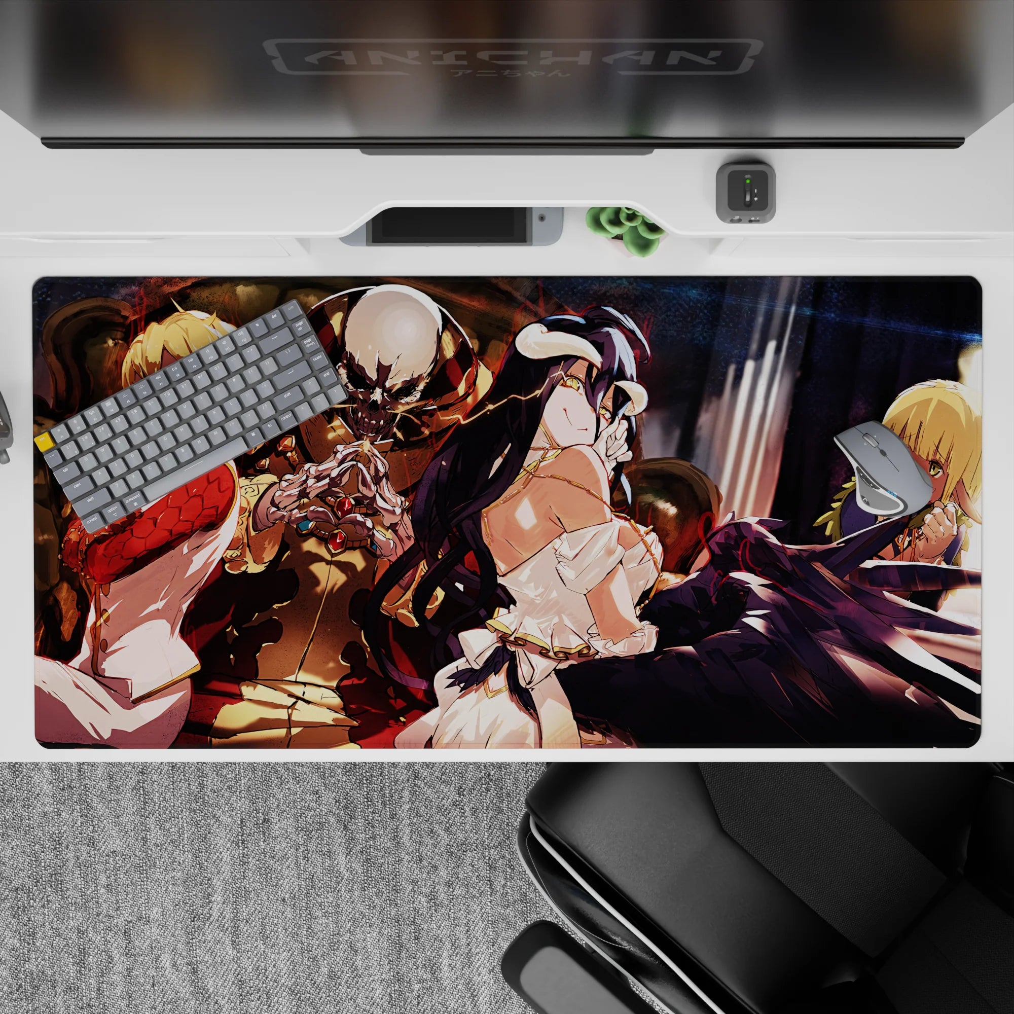 Anime mouse pad 40x20 inches featuring Ainz Ooal Gown with Albedo, Shalltear, and Aura from Overlord in vibrant colors.