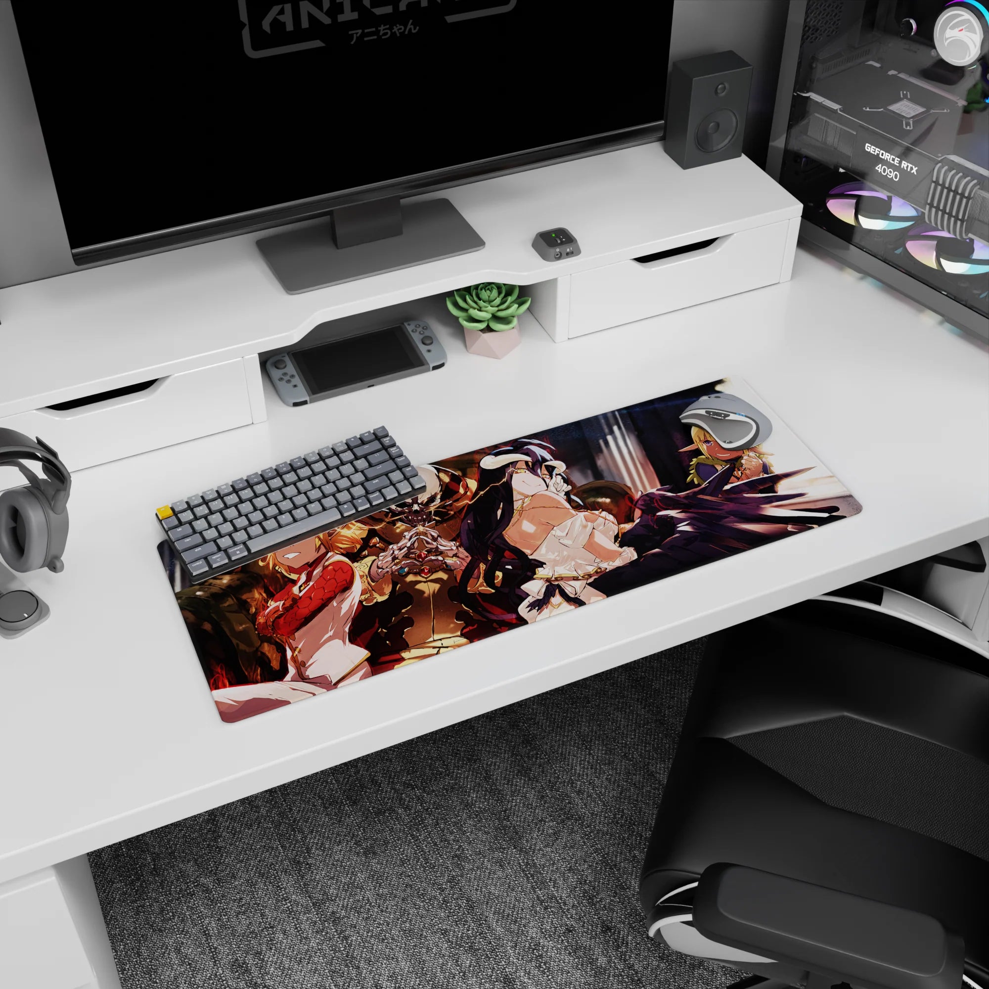 Mouse pad featuring Ainz Ooal Gown, Albedo, Shalltear, and Aura from Overlord, size 32x12 inches, in vivid colors.