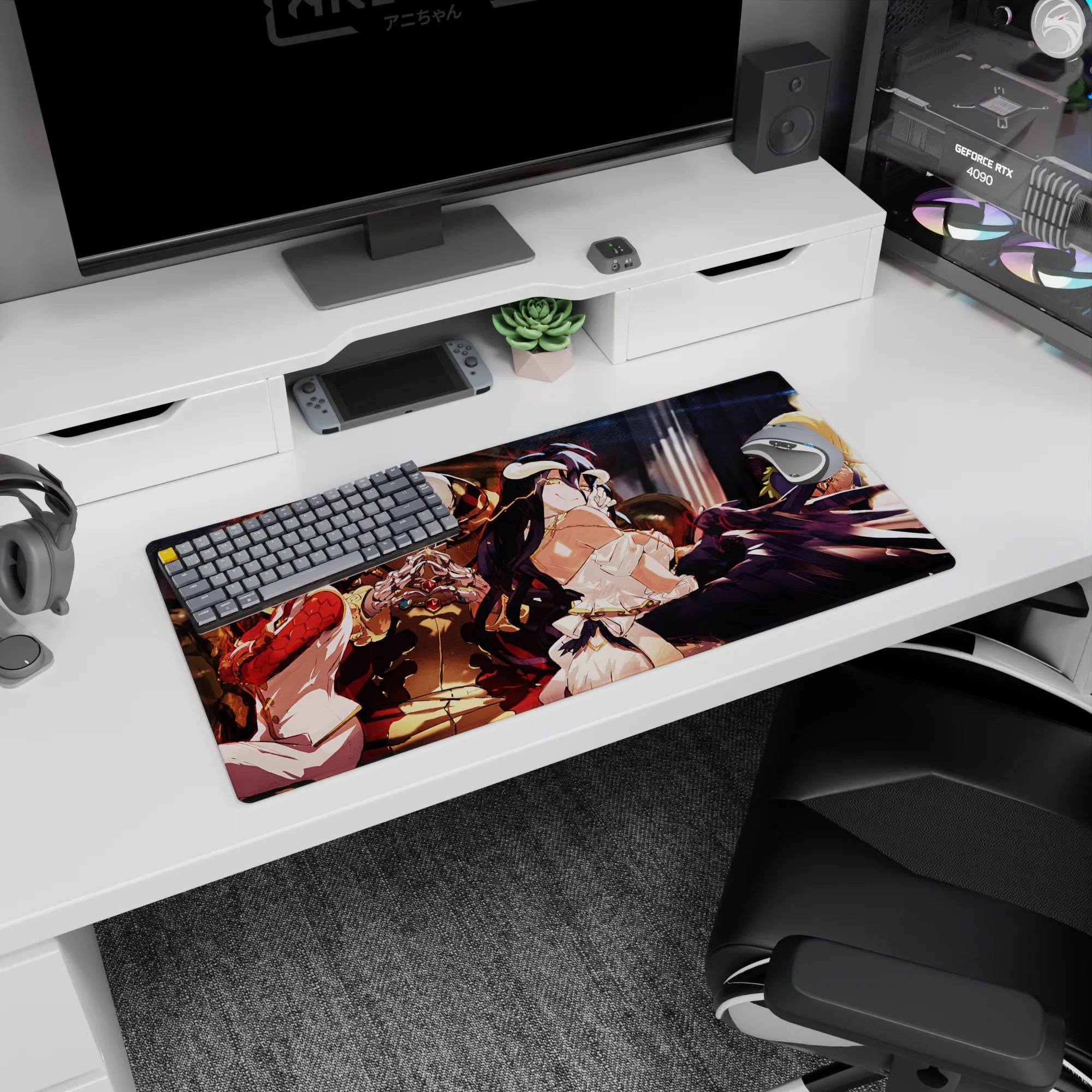 Anime mouse pad featuring Ainz Ooal Gown, Albedo, Shalltear, and Aura from Overlord, size 32x16 inches.