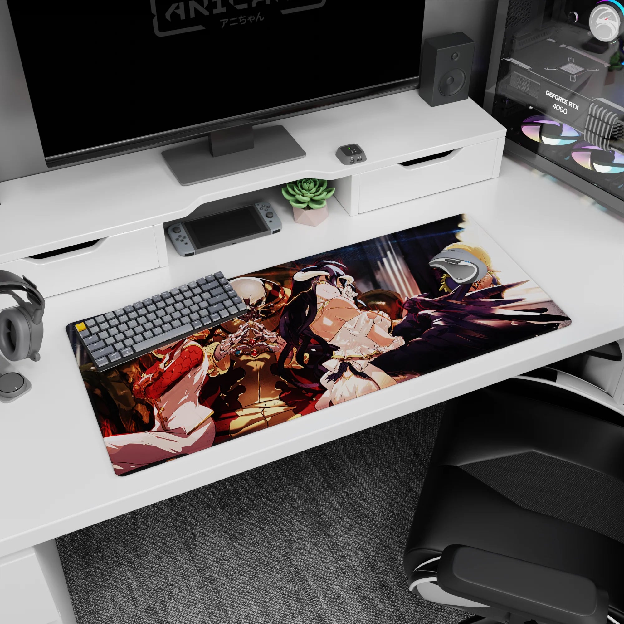 Overlord anime desk pad 36x16 inches featuring Ainz Ooal Gown, Albedo, Shalltear, and Aura in vibrant guild setting.