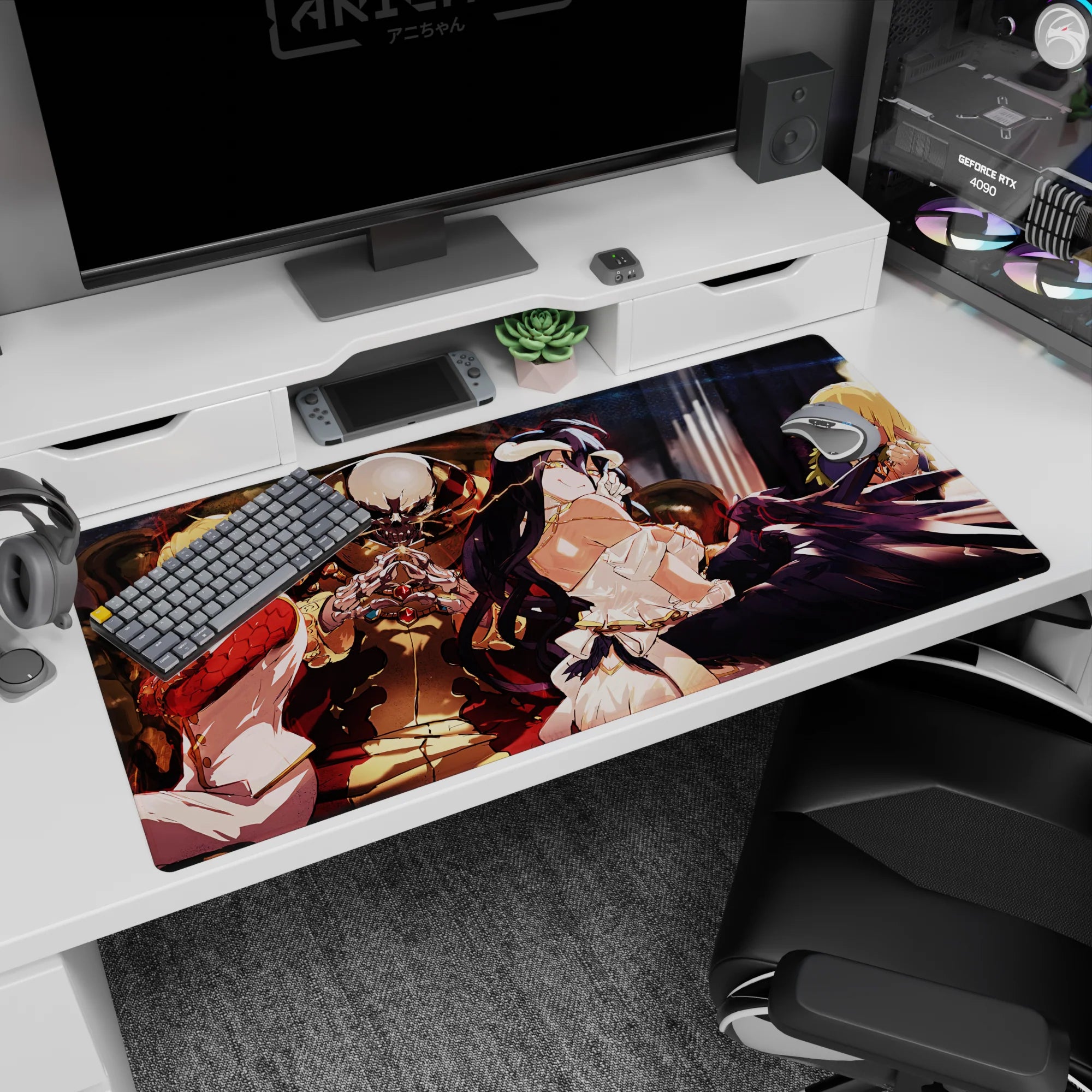 Overlord anime mouse pad 40x20 inches featuring Ainz Ooal Gown, Albedo, Shalltear, and Aura in vibrant throne room scene.