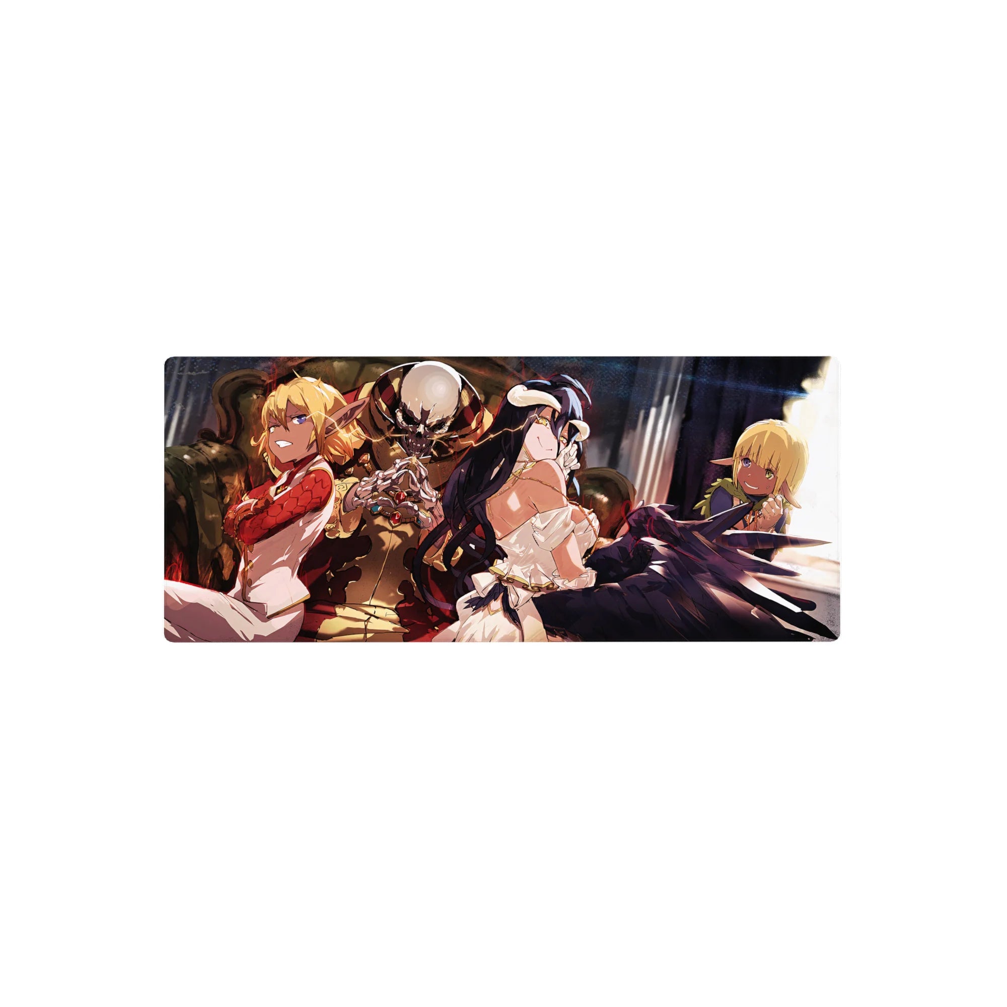 Overlord anime mouse pad 28x12 inches featuring Ainz Ooal Gown, Albedo, Shalltear, and Aura in vibrant throne room scene.