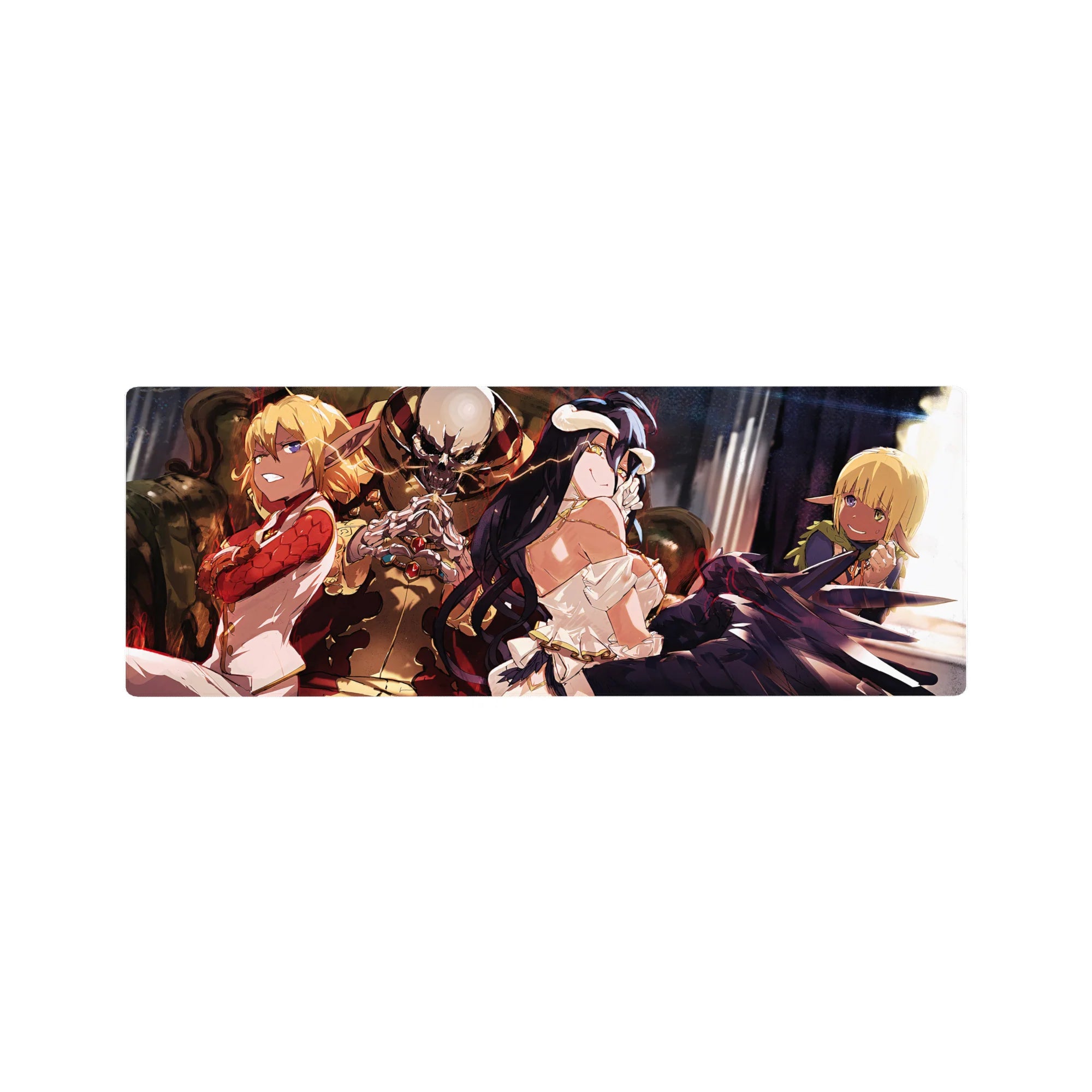 Overlord anime mouse pad 32x12 inches featuring Ainz Ooal Gown, Albedo, Shalltear, and Aura in vibrant colors for gaming.