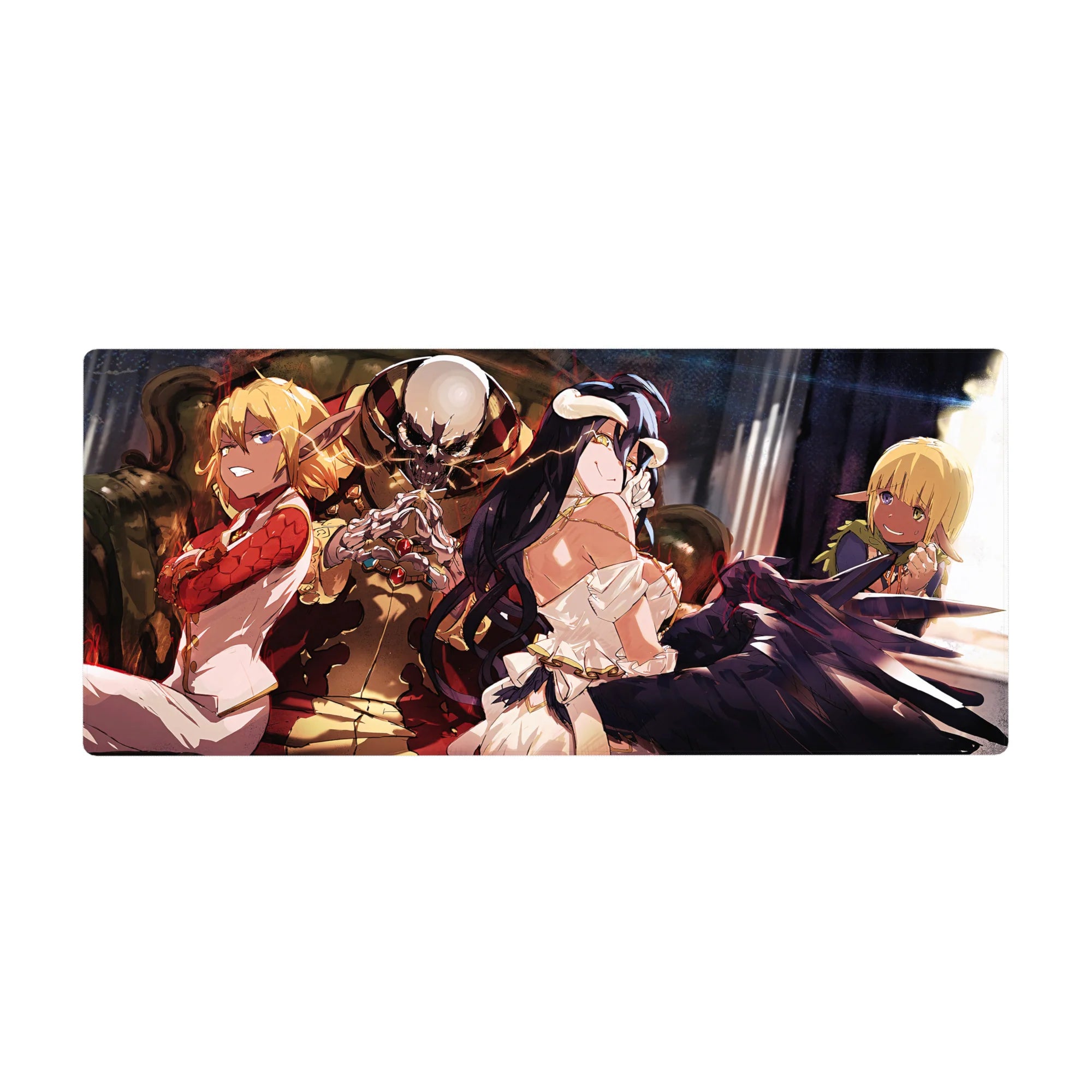 Overlord anime desk pad 36x16 inches featuring Ainz Ooal Gown, Albedo, Shalltear, and Aura in vibrant throne room colors.