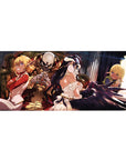 Overlord anime desk pad 36x16 inches featuring Ainz Ooal Gown, Albedo, Shalltear, and Aura in vibrant throne room colors.