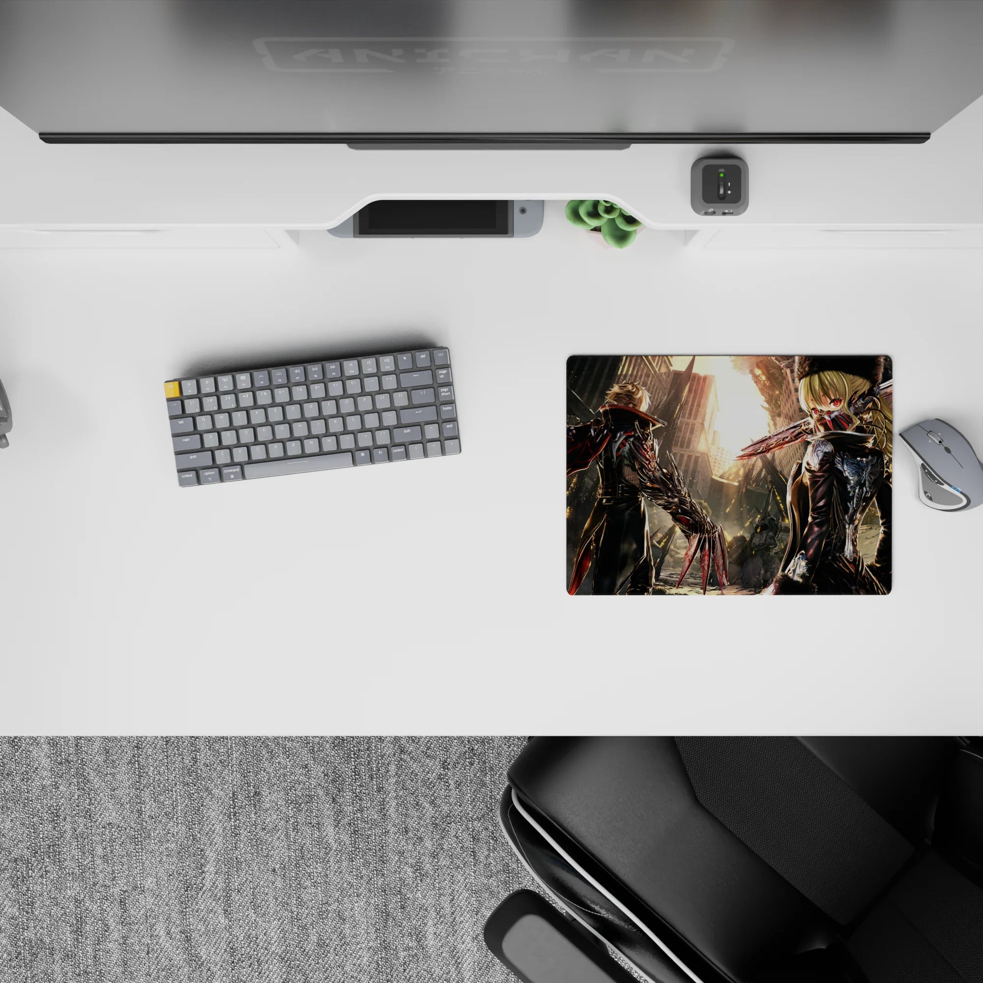 Dark red-and-black anime mouse pad 14x10 inches with metallic blade arms and a cold post-apocalyptic mood.
