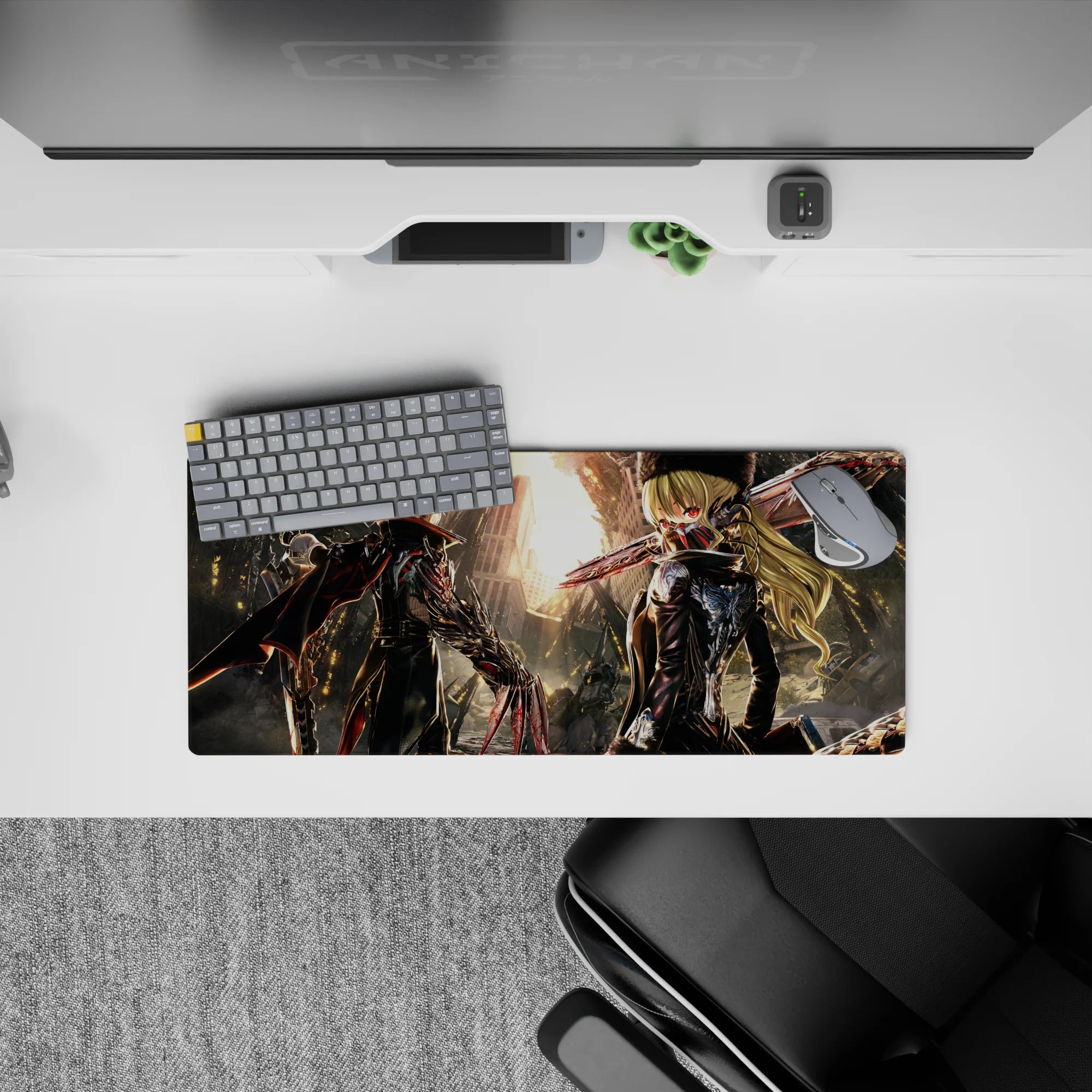 Cold cinematic black-and-red anime mouse pad with hard sunset glow and metallic arms, 28x12 inches.