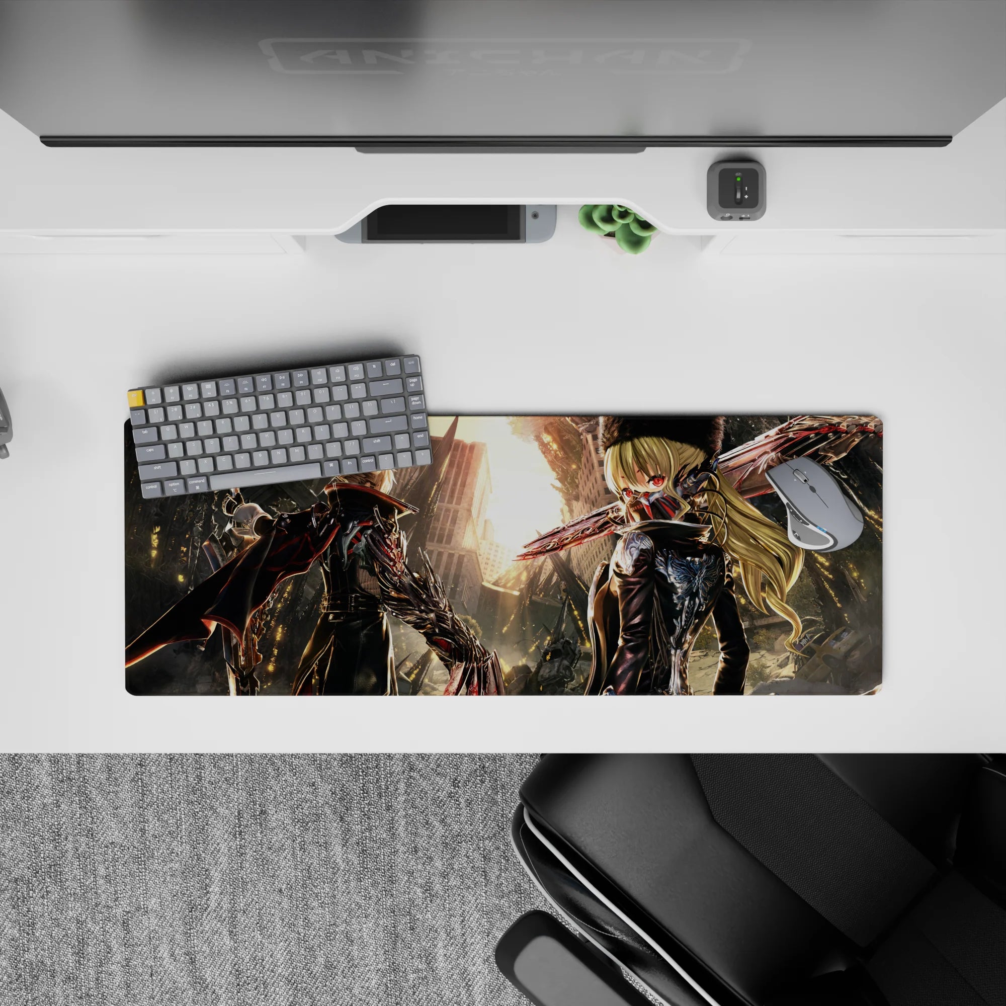 32x12 inches anime mouse pad in black and red with cold sunset glow, cinematic standoff vibe.