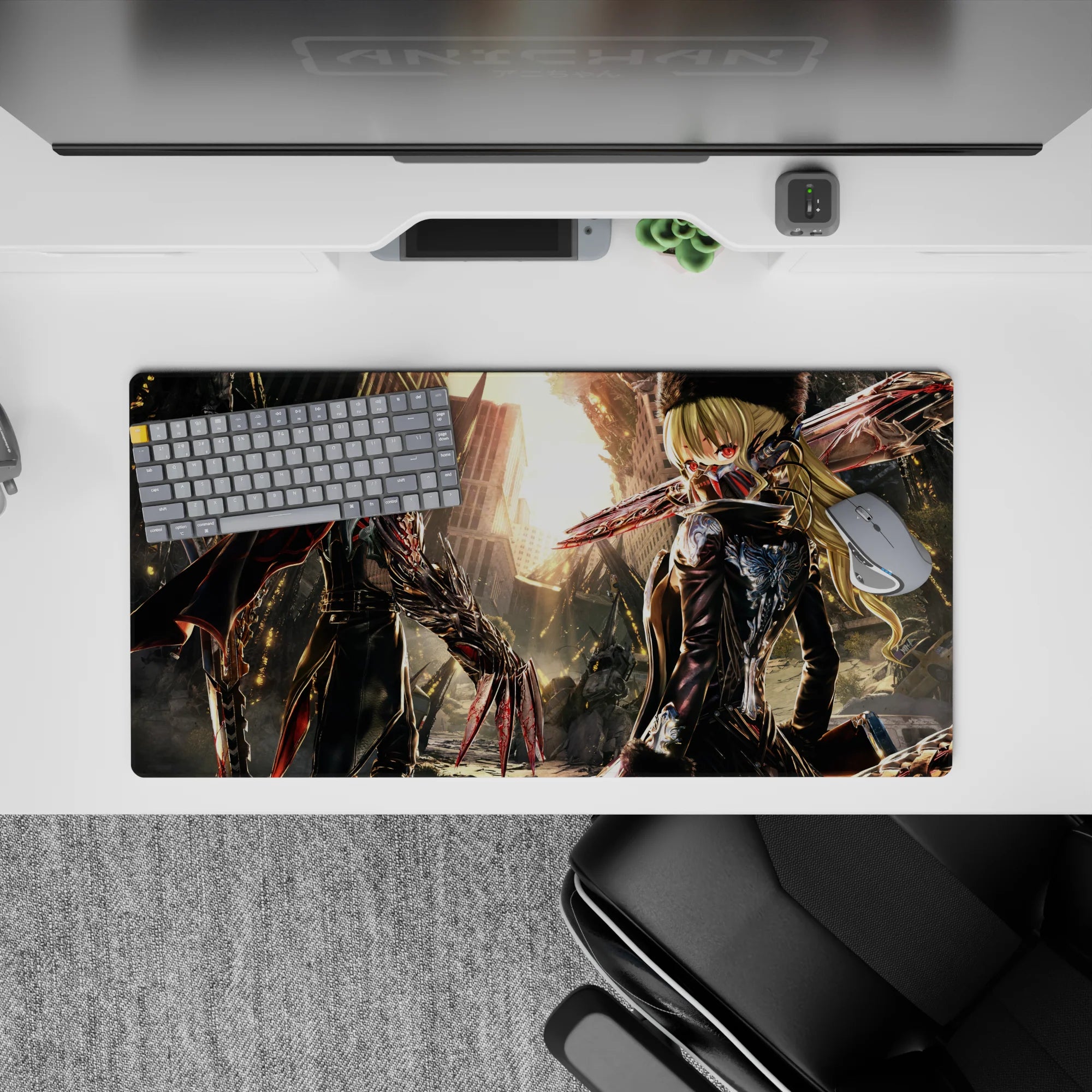 32x16 inches anime mouse pad in black and red with hard sunset glow, cold cinematic standoff vibe.