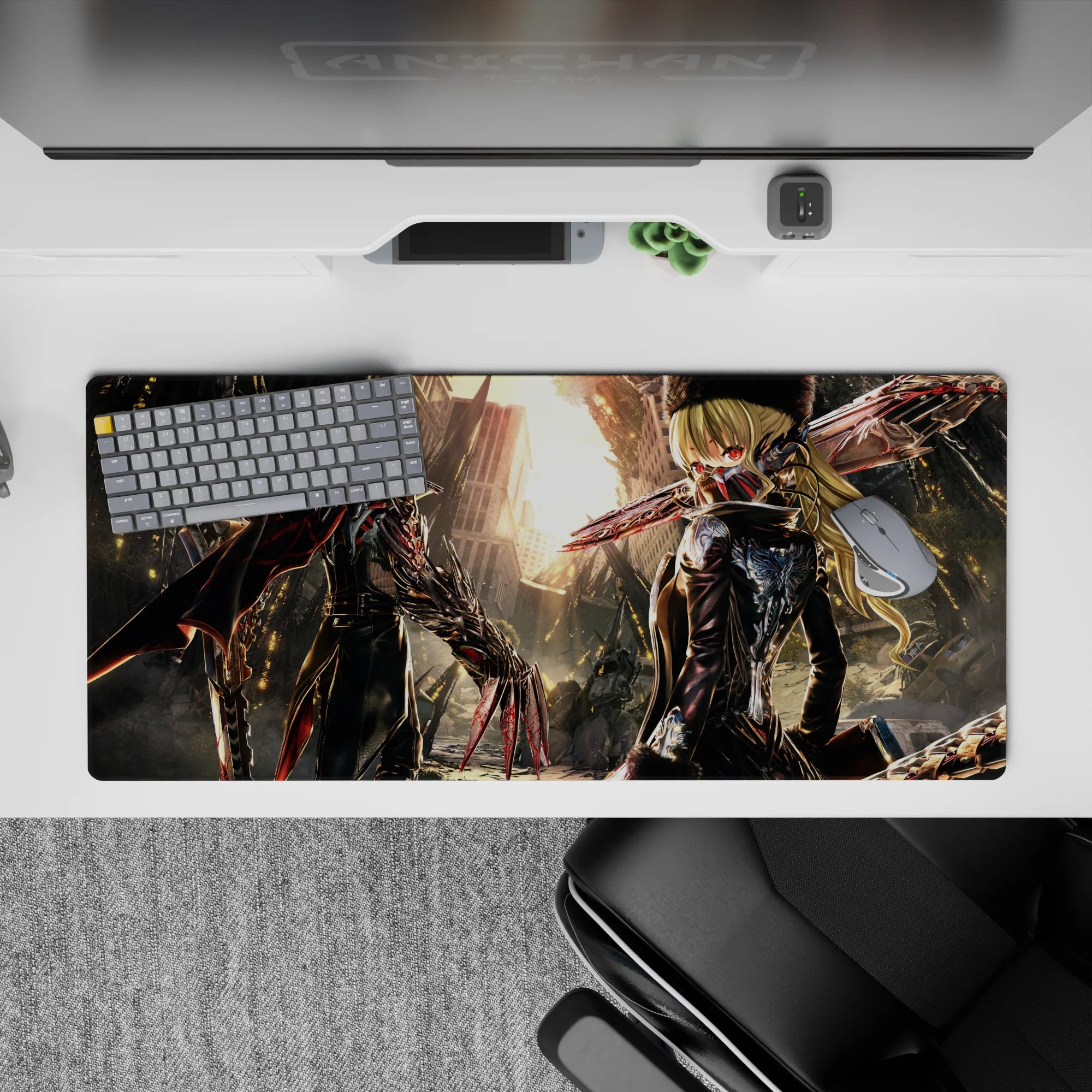 36x16 inches anime desk pad in black and red with metallic highlights, cold cinematic sunset mood.